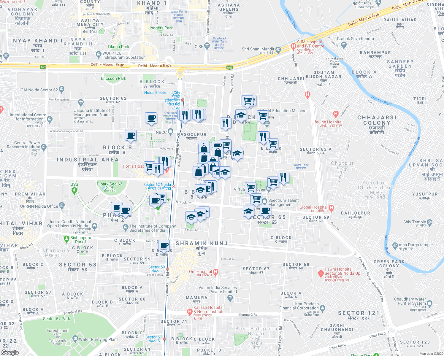 map of restaurants, bars, coffee shops, grocery stores, and more near in Noida