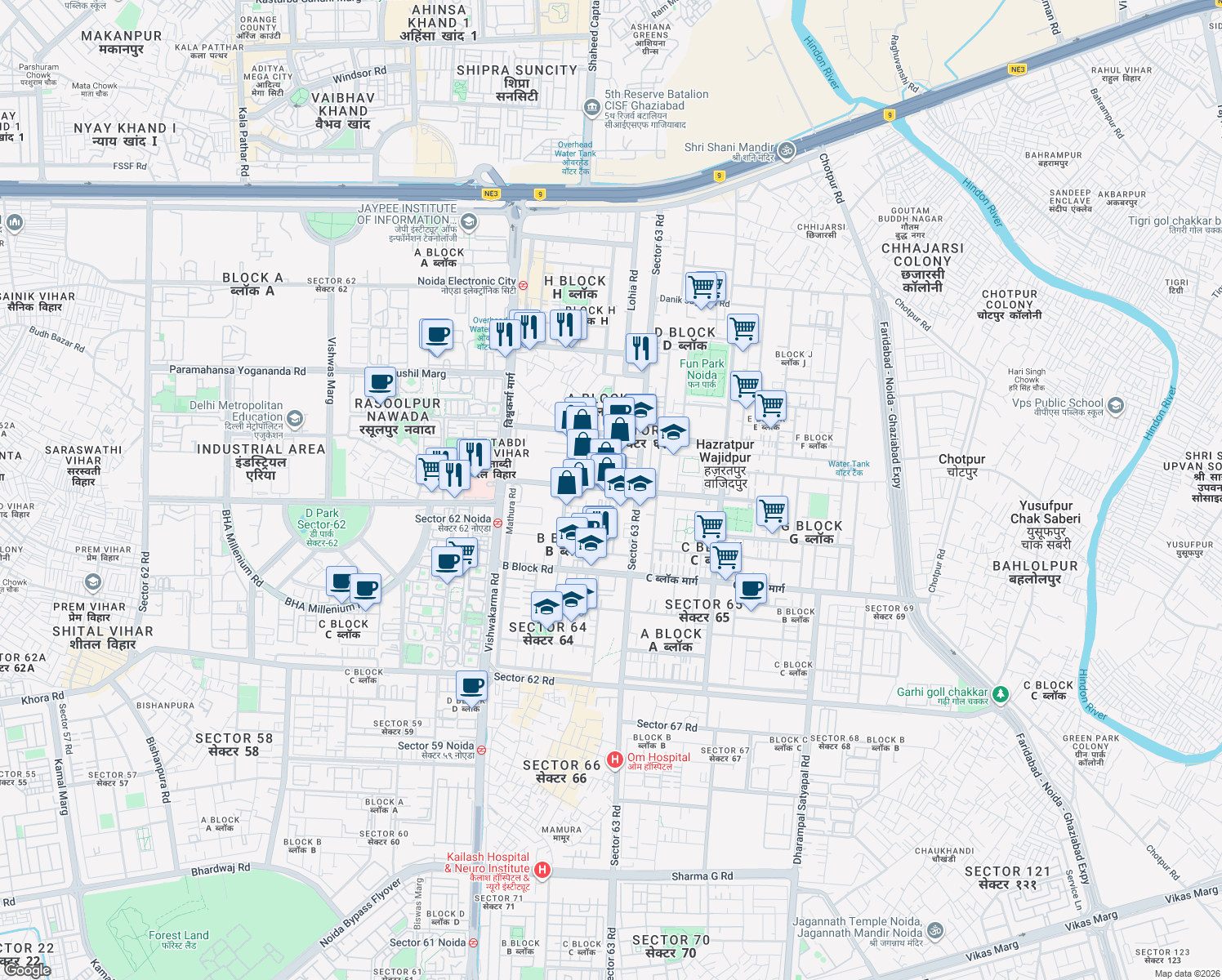 map of restaurants, bars, coffee shops, grocery stores, and more near in Noida