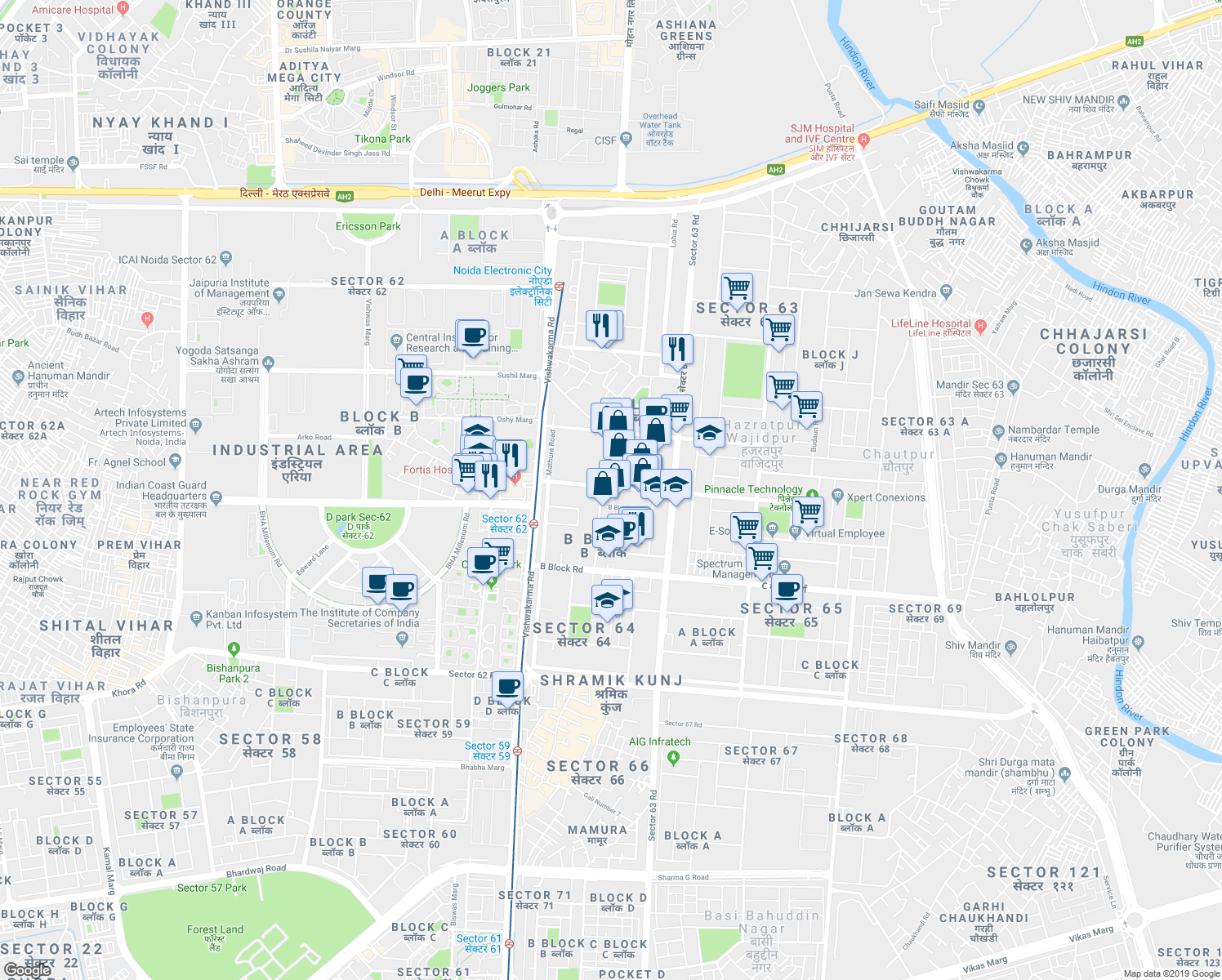 map of restaurants, bars, coffee shops, grocery stores, and more near in Noida