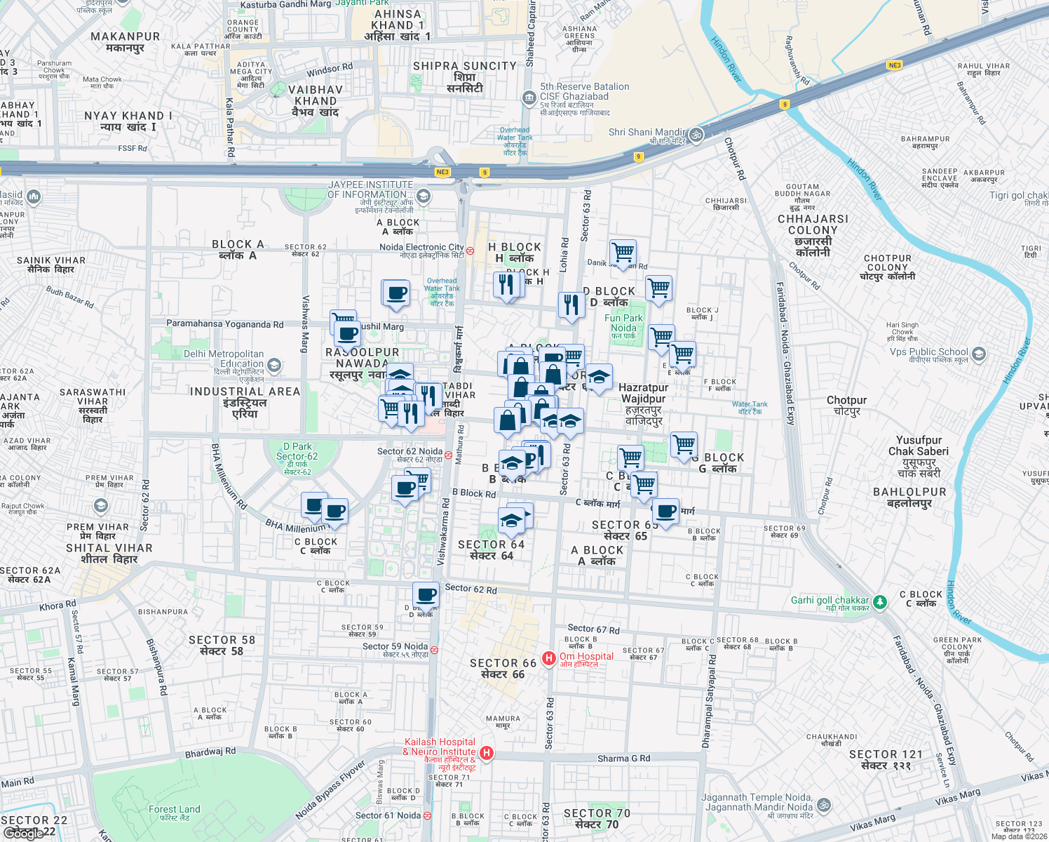 map of restaurants, bars, coffee shops, grocery stores, and more near in Noida