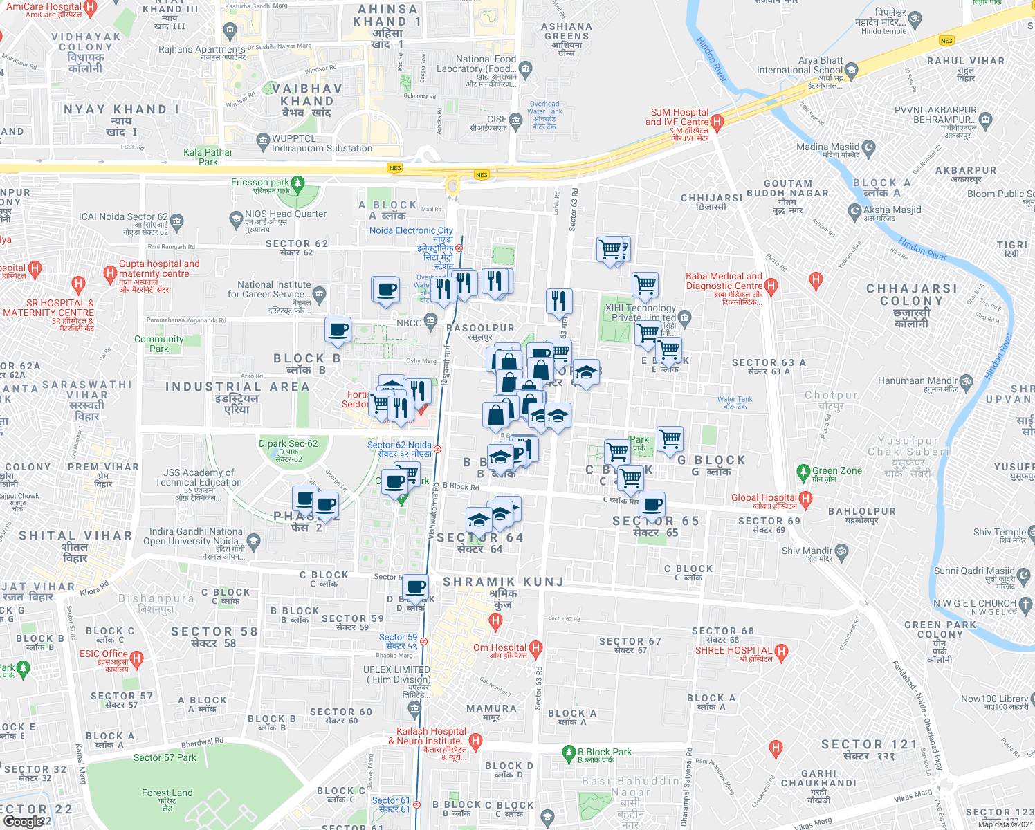 map of restaurants, bars, coffee shops, grocery stores, and more near in Noida