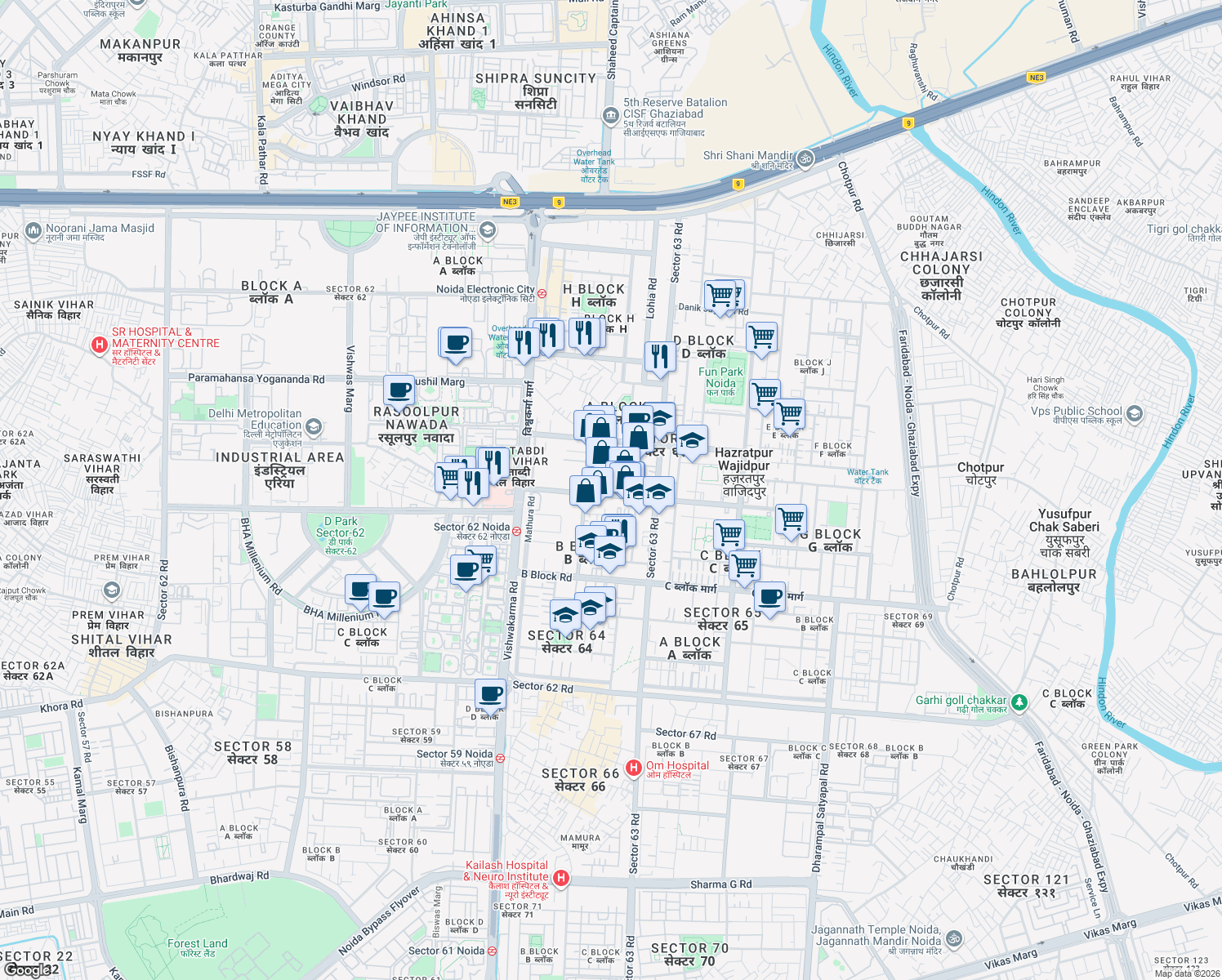 map of restaurants, bars, coffee shops, grocery stores, and more near in Noida