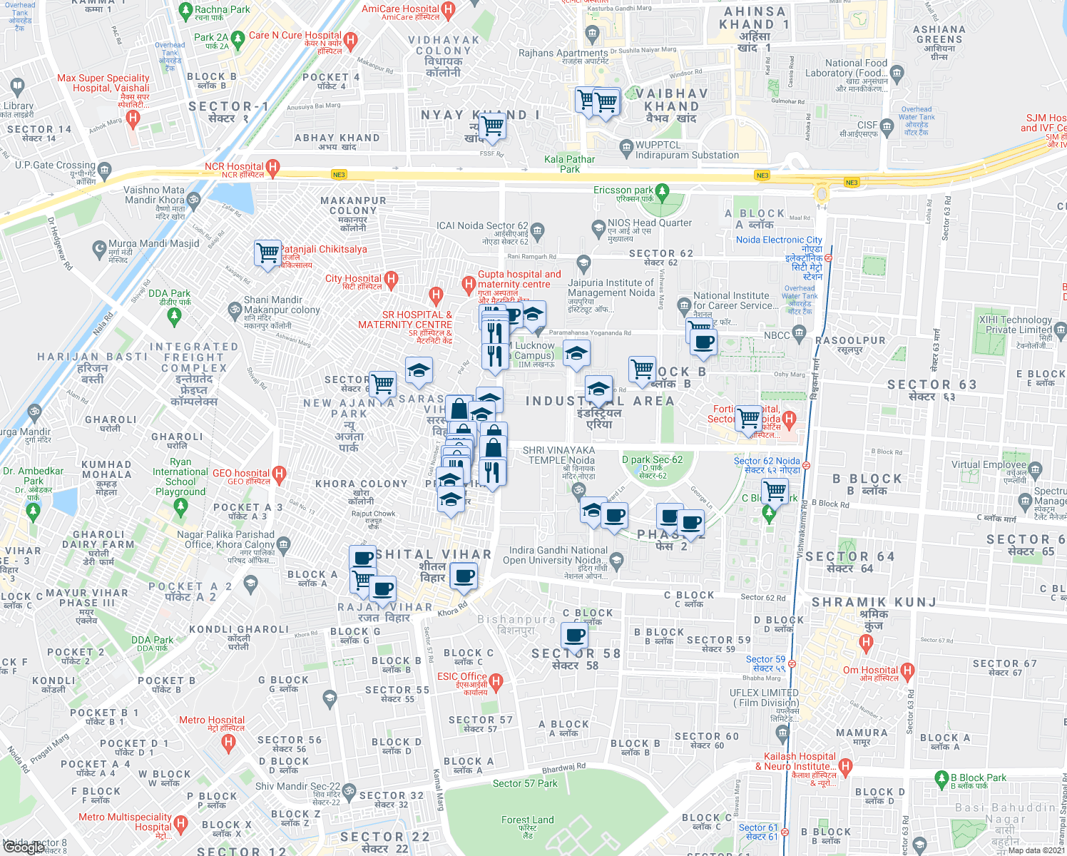 map of restaurants, bars, coffee shops, grocery stores, and more near C-56/1 Bhamlle Nium Tower Road in New Okhla Industrial Development Area