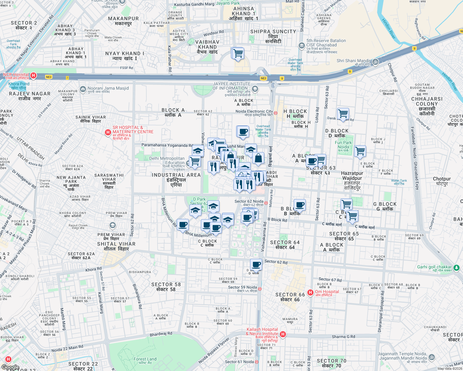map of restaurants, bars, coffee shops, grocery stores, and more near D-49 Lohia Road in Noida
