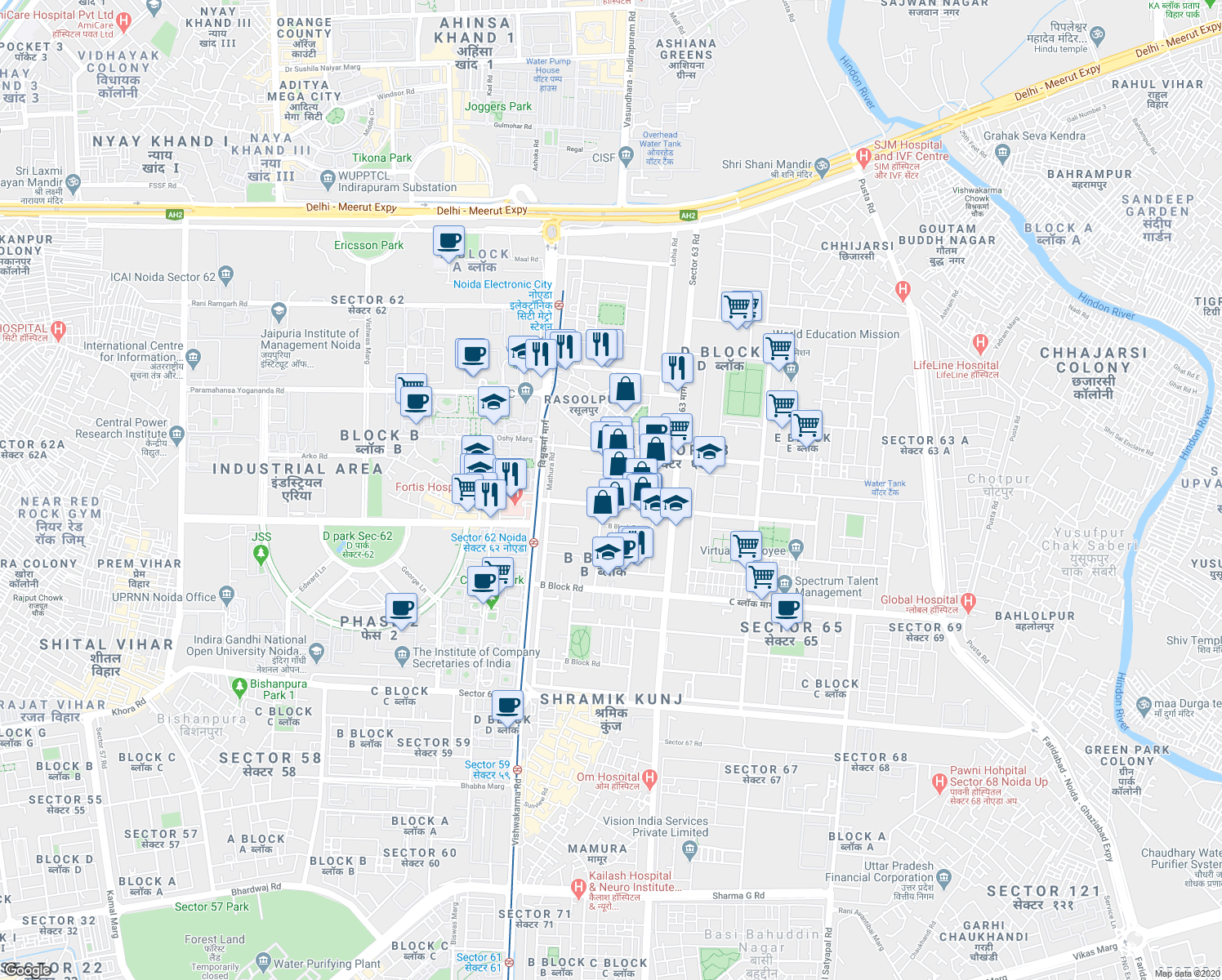 map of restaurants, bars, coffee shops, grocery stores, and more near in Noida
