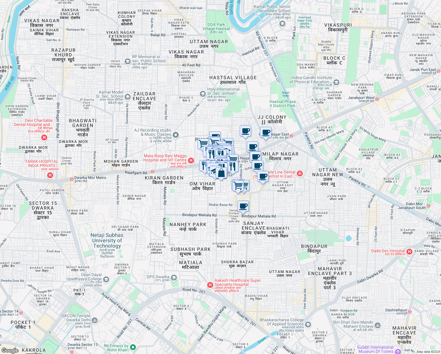 map of restaurants, bars, coffee shops, grocery stores, and more near in Delhi