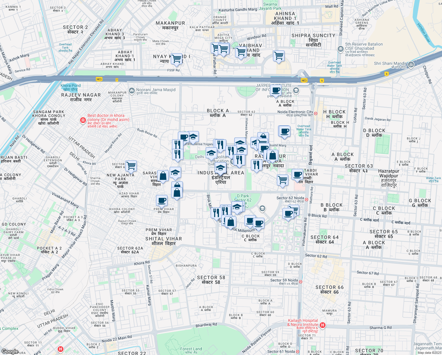 map of restaurants, bars, coffee shops, grocery stores, and more near in Noida