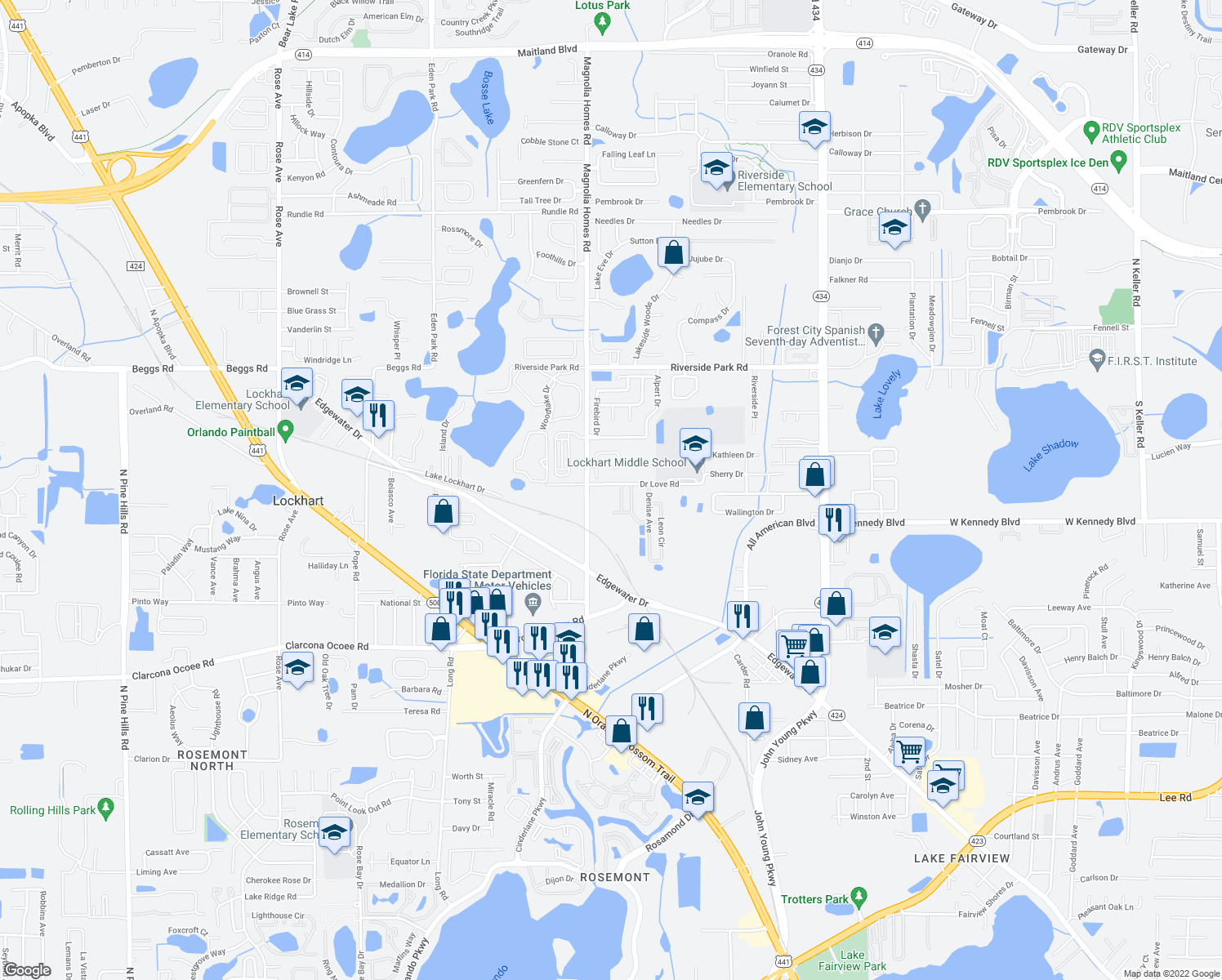 map of restaurants, bars, coffee shops, grocery stores, and more near 3800 Doctor Love Road in Orlando