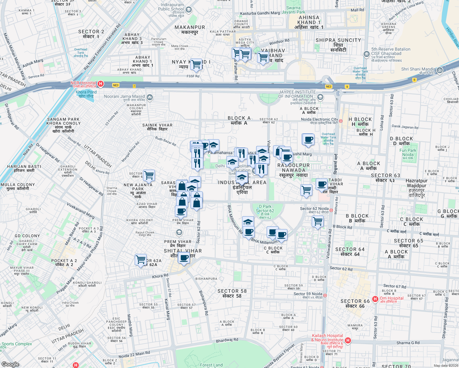 map of restaurants, bars, coffee shops, grocery stores, and more near in Noida