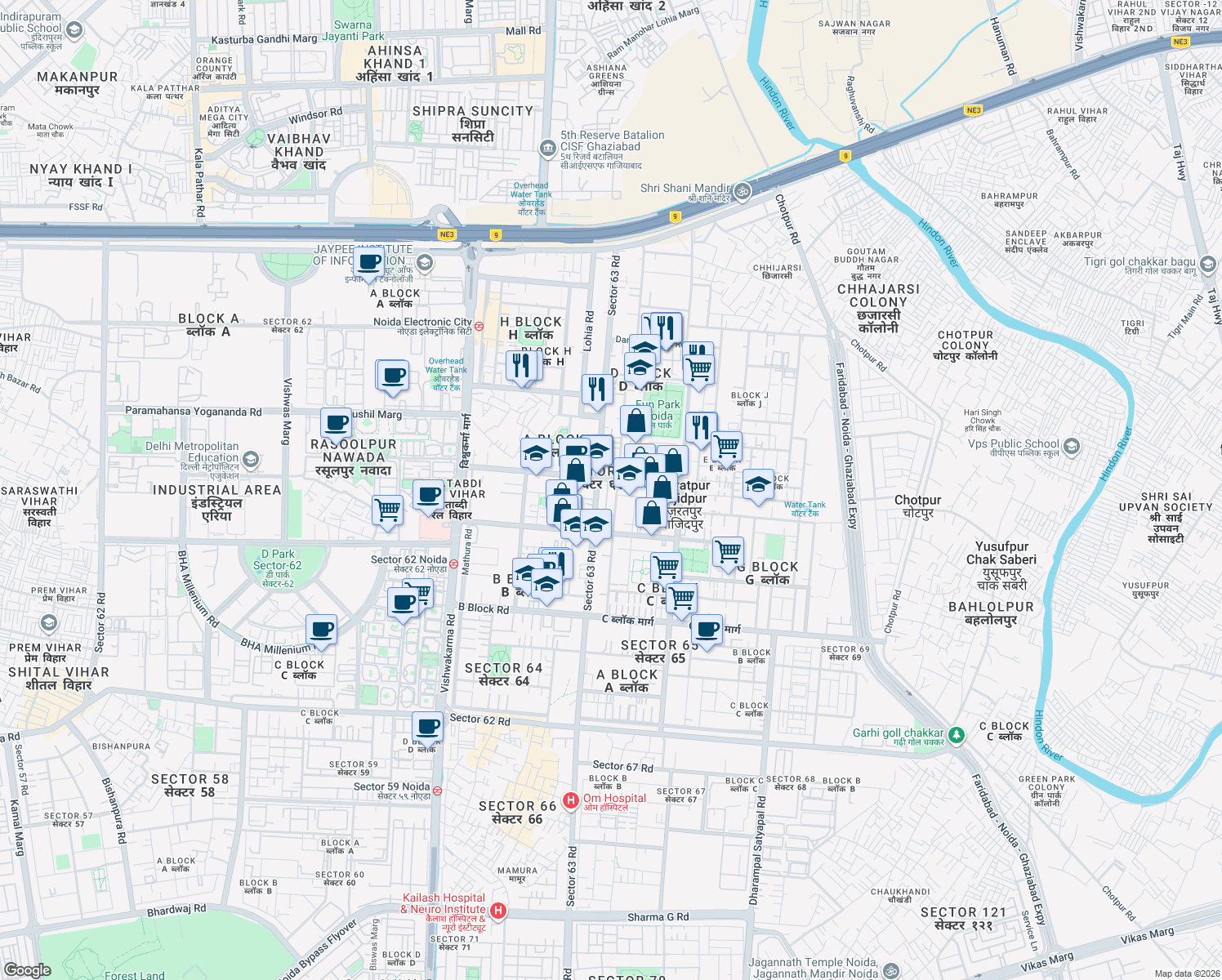 map of restaurants, bars, coffee shops, grocery stores, and more near in Noida