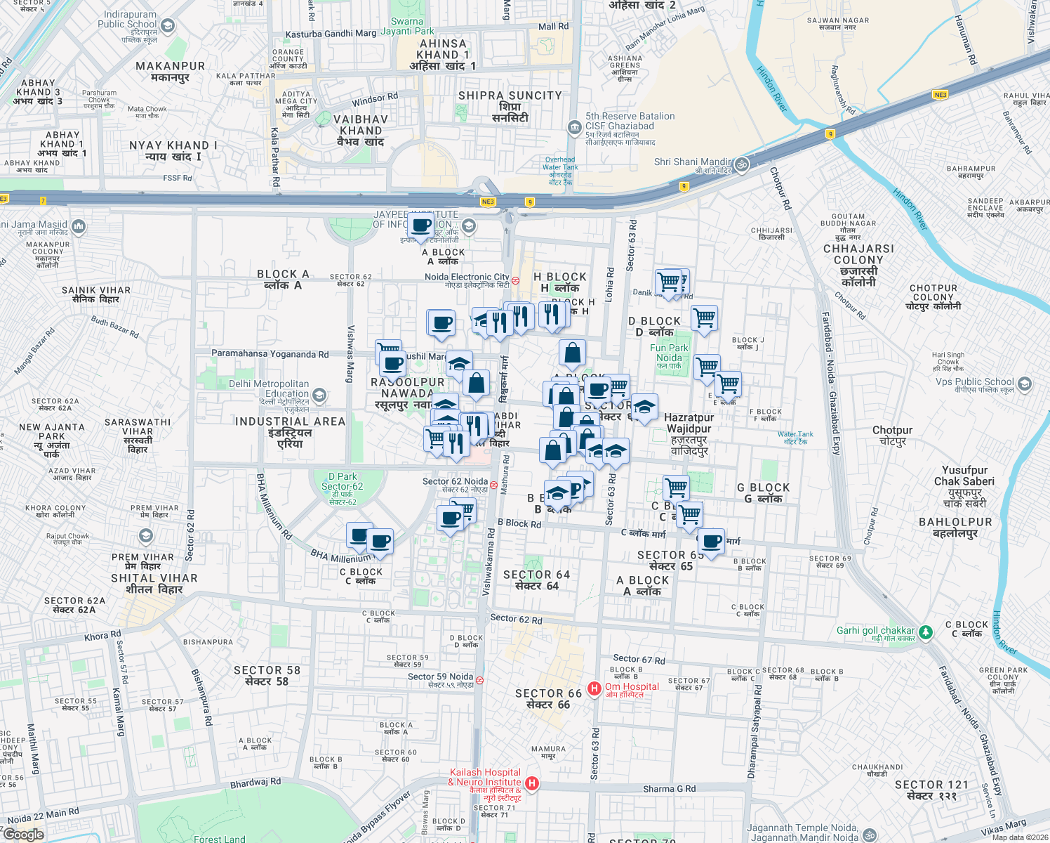 map of restaurants, bars, coffee shops, grocery stores, and more near in Noida