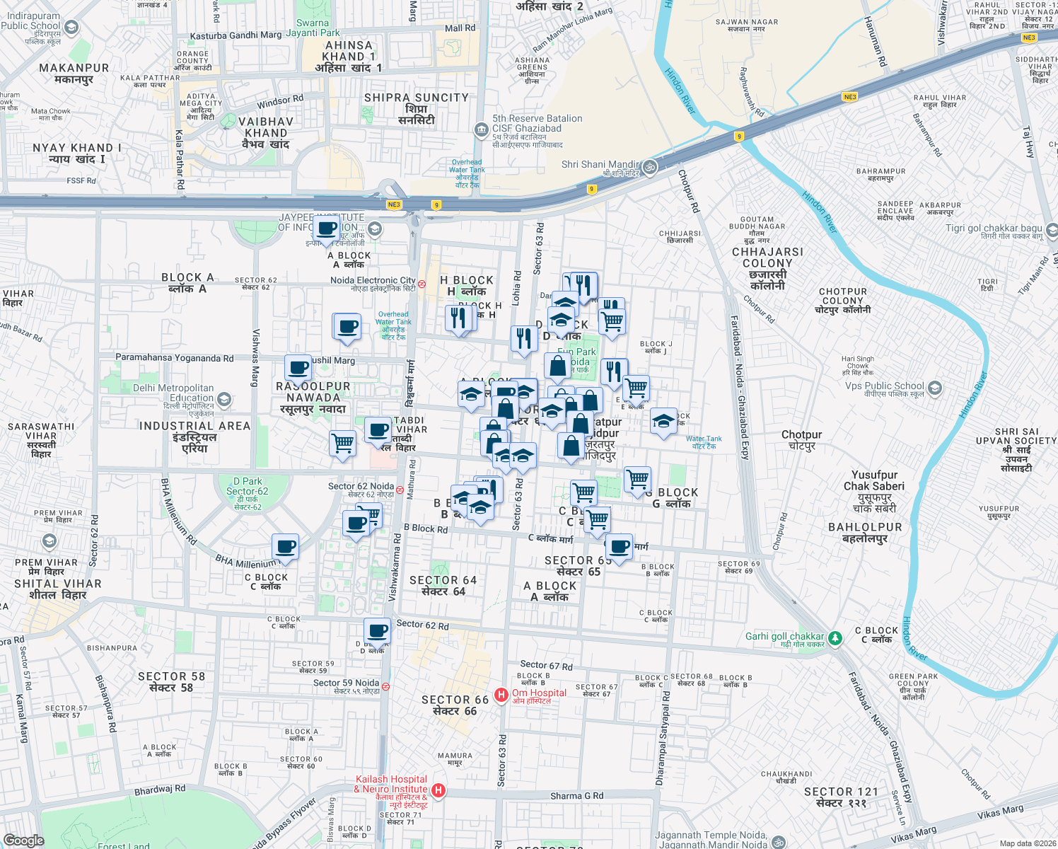 map of restaurants, bars, coffee shops, grocery stores, and more near in Noida