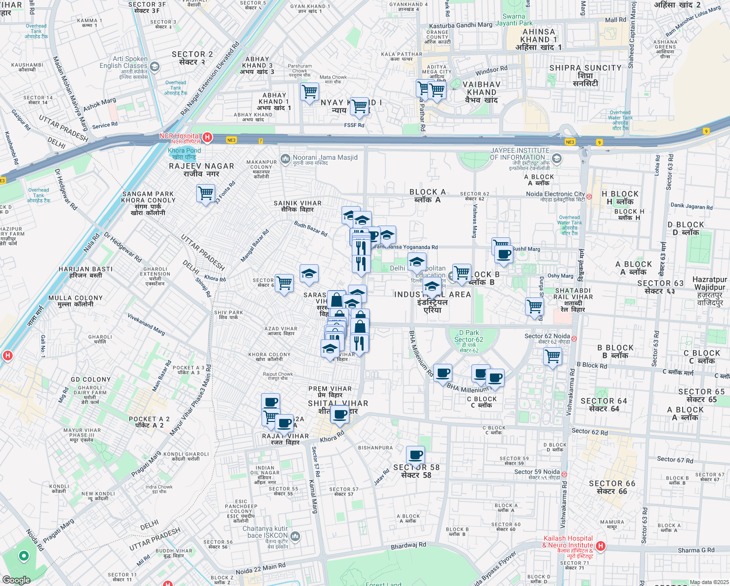 map of restaurants, bars, coffee shops, grocery stores, and more near in Noida