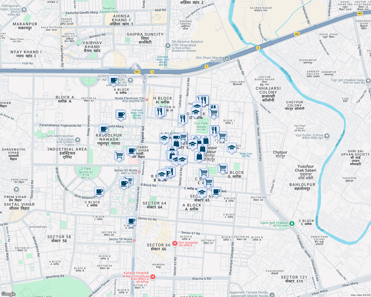 map of restaurants, bars, coffee shops, grocery stores, and more near in Noida