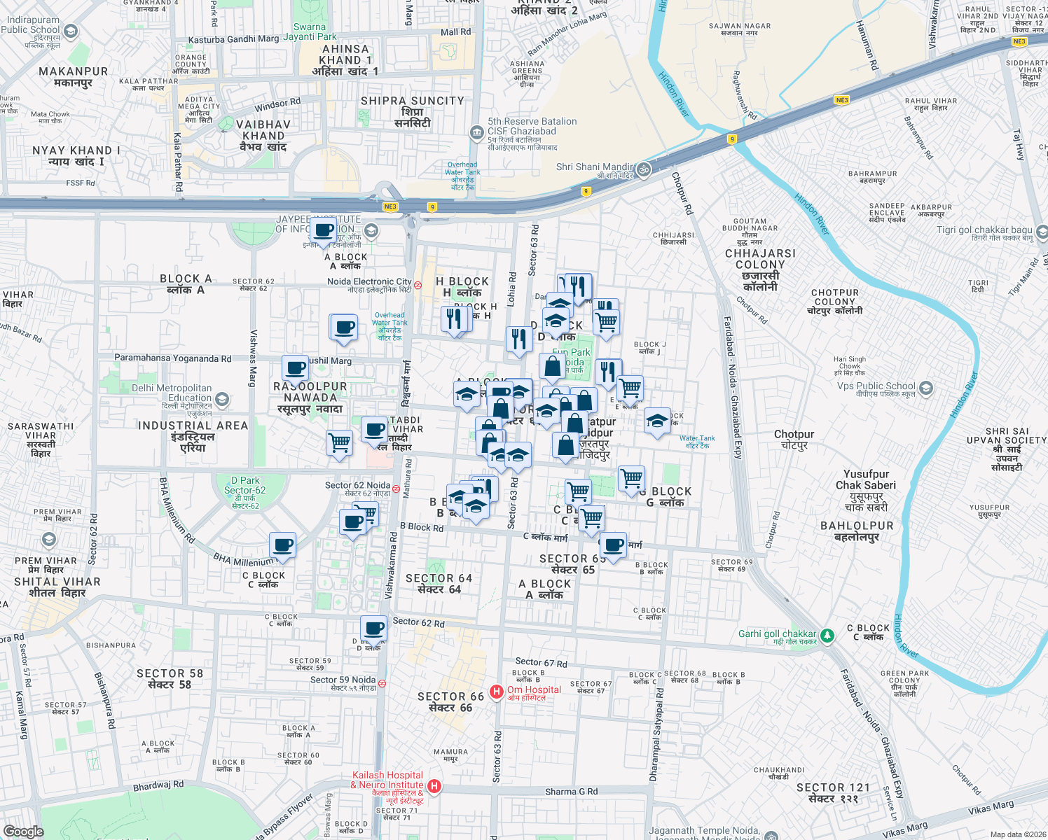 map of restaurants, bars, coffee shops, grocery stores, and more near in Noida