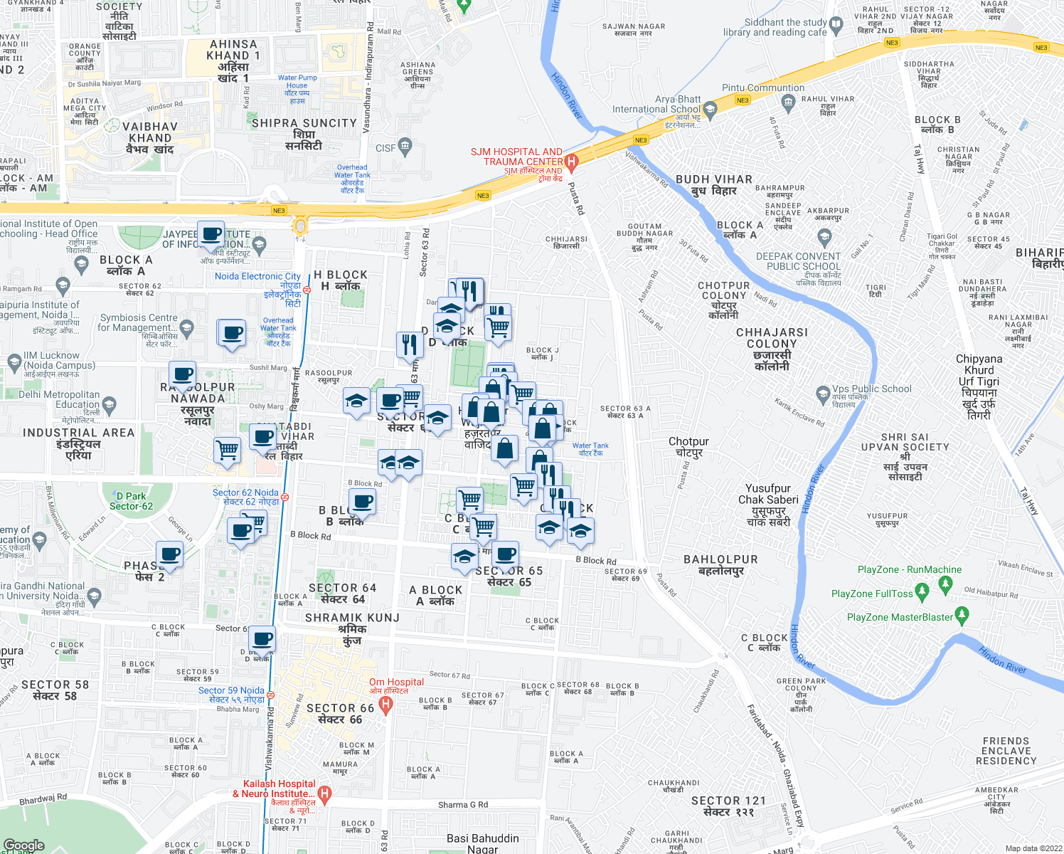 map of restaurants, bars, coffee shops, grocery stores, and more near in Noida