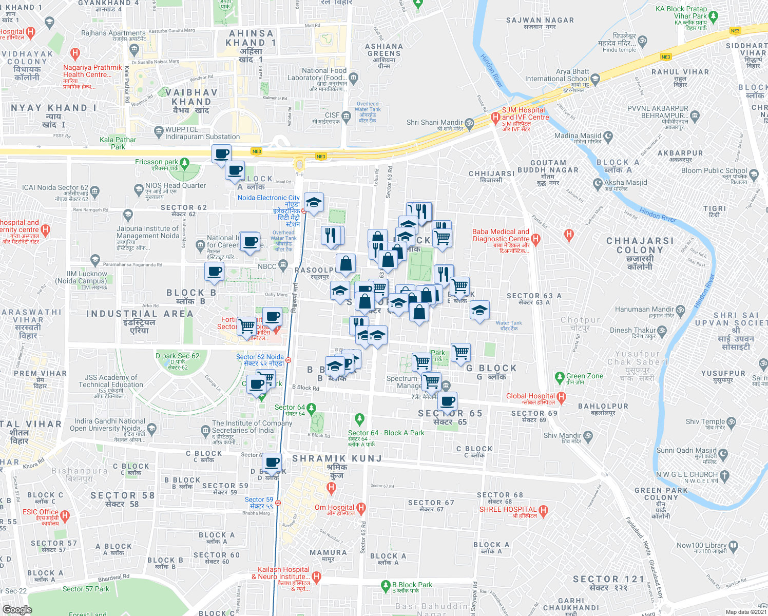 map of restaurants, bars, coffee shops, grocery stores, and more near in Noida