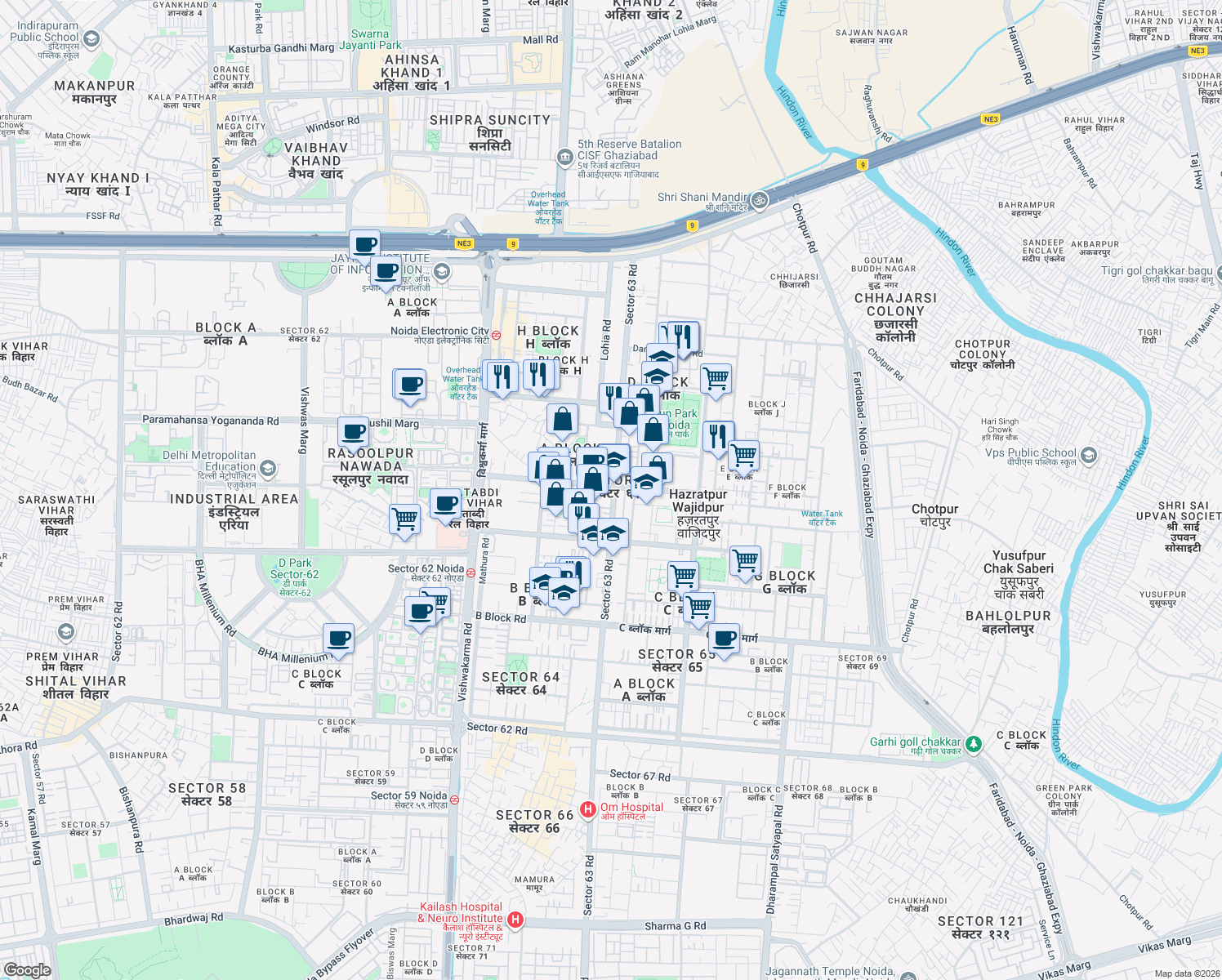 map of restaurants, bars, coffee shops, grocery stores, and more near D-49 Lohia Road in Noida