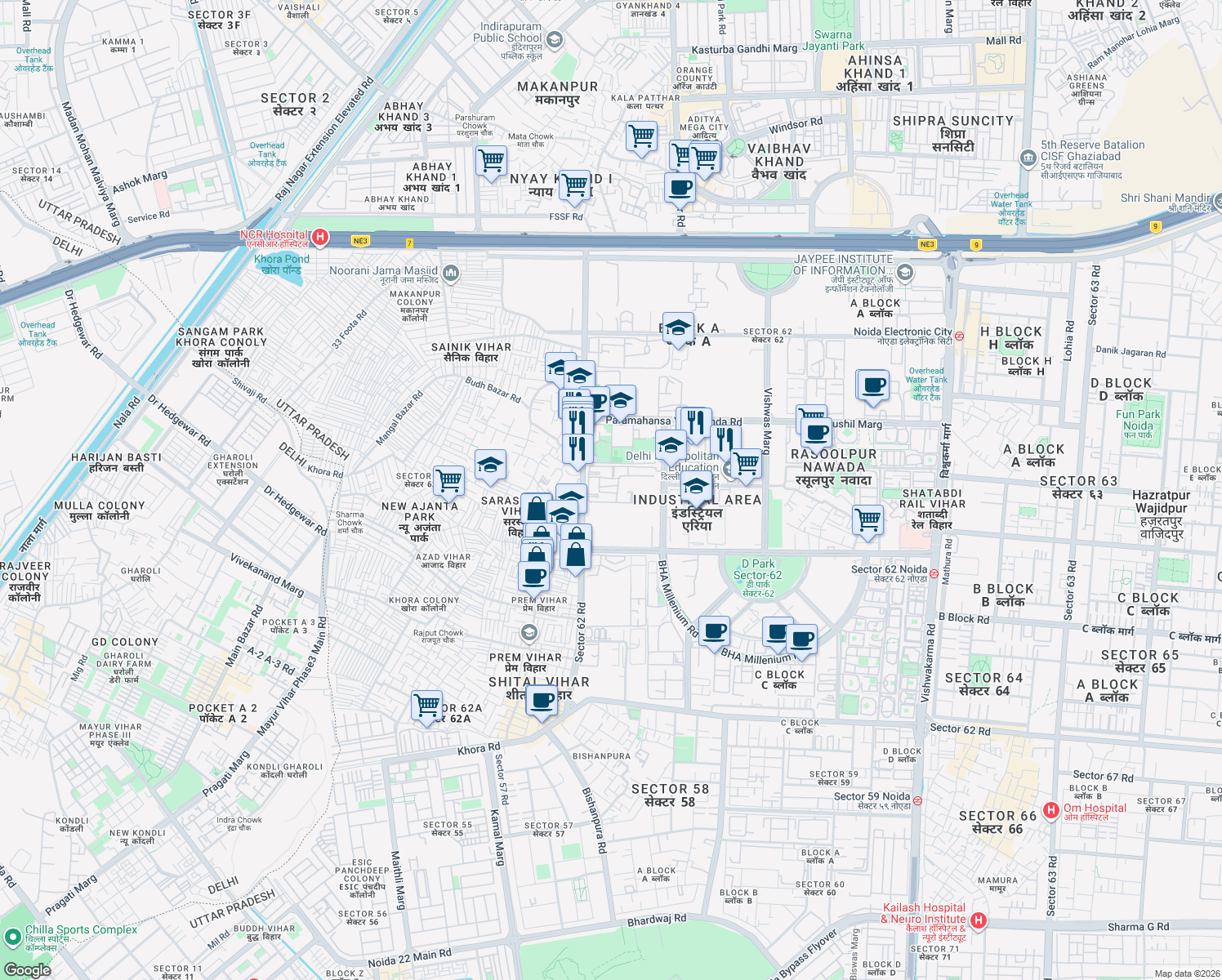 map of restaurants, bars, coffee shops, grocery stores, and more near in Noida
