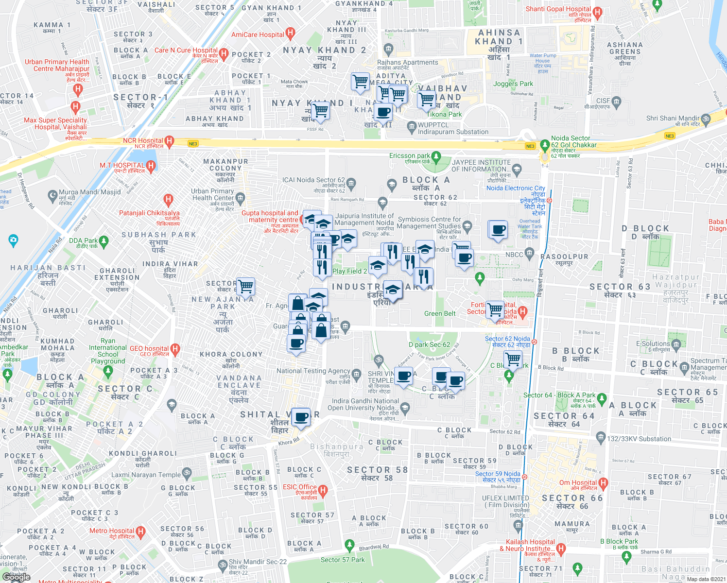 map of restaurants, bars, coffee shops, grocery stores, and more near Plot No. B2 Arko Road in Noida