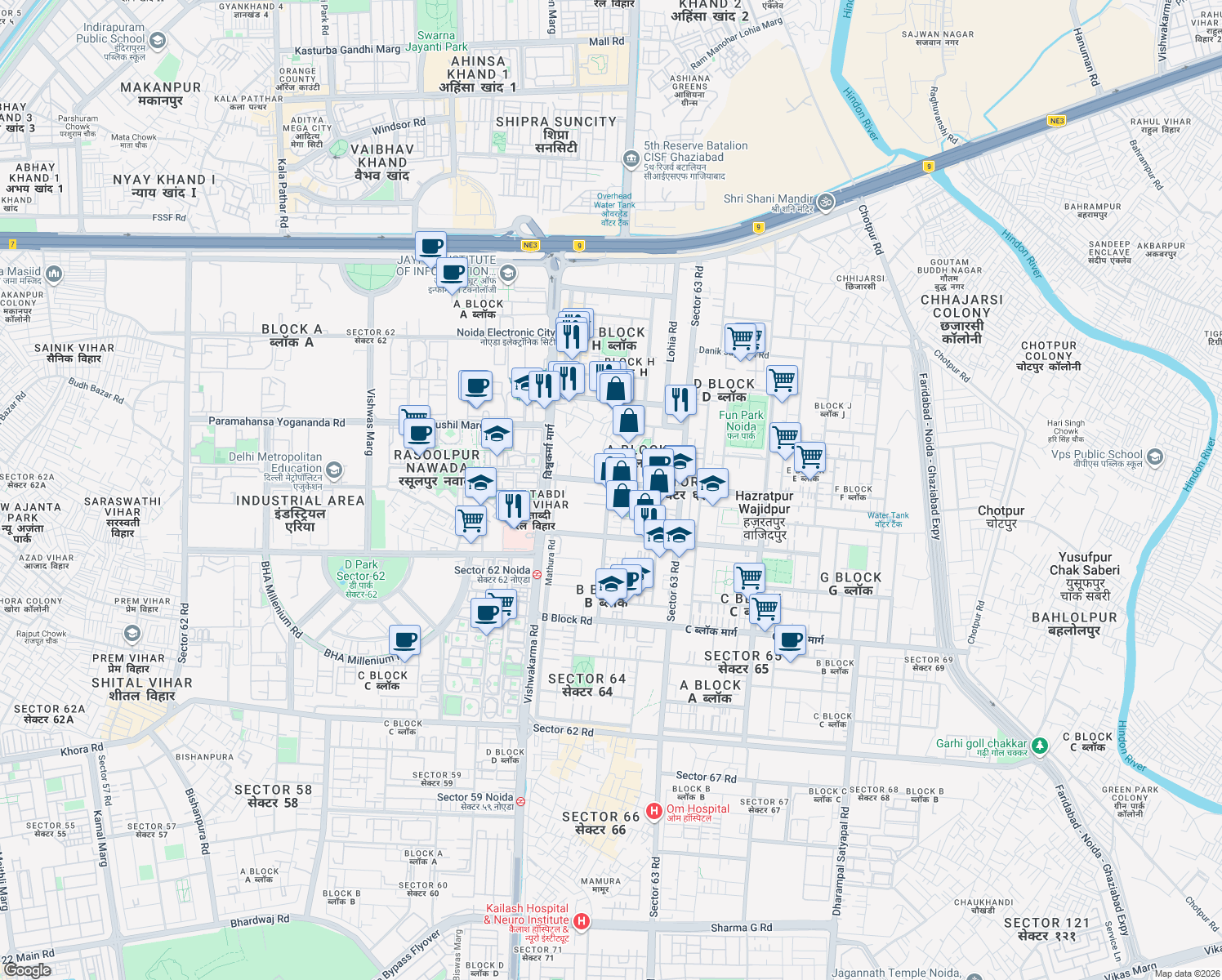 map of restaurants, bars, coffee shops, grocery stores, and more near in Noida