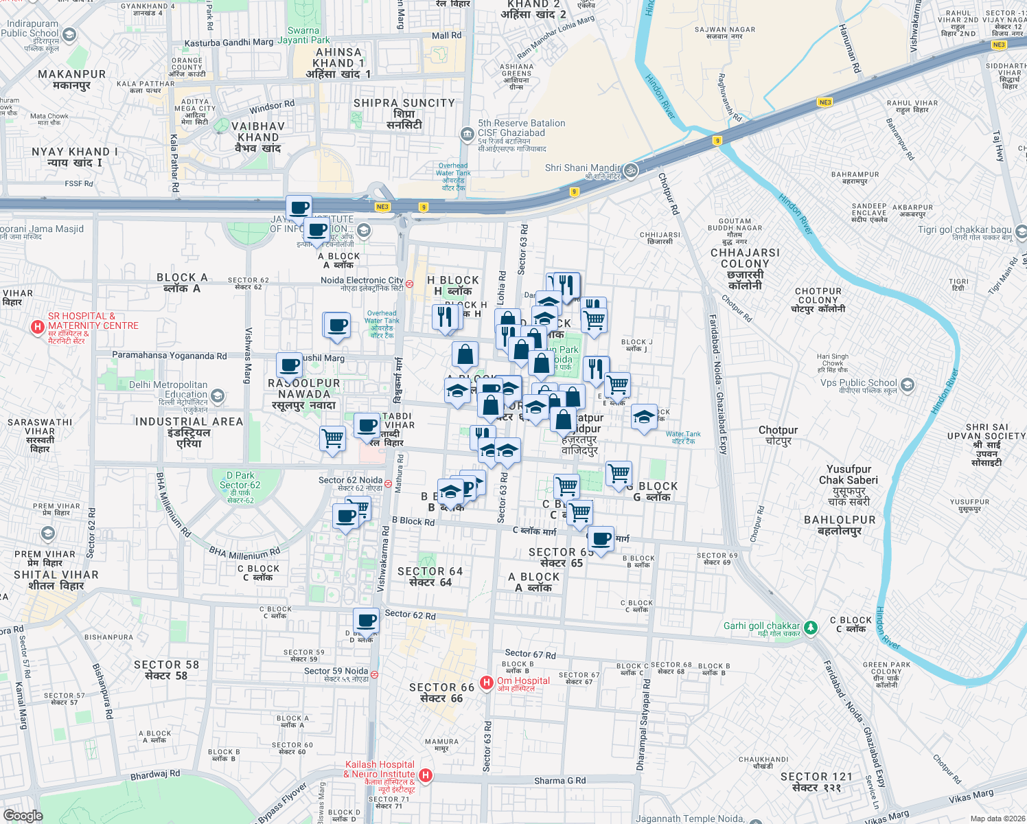 map of restaurants, bars, coffee shops, grocery stores, and more near in Noida