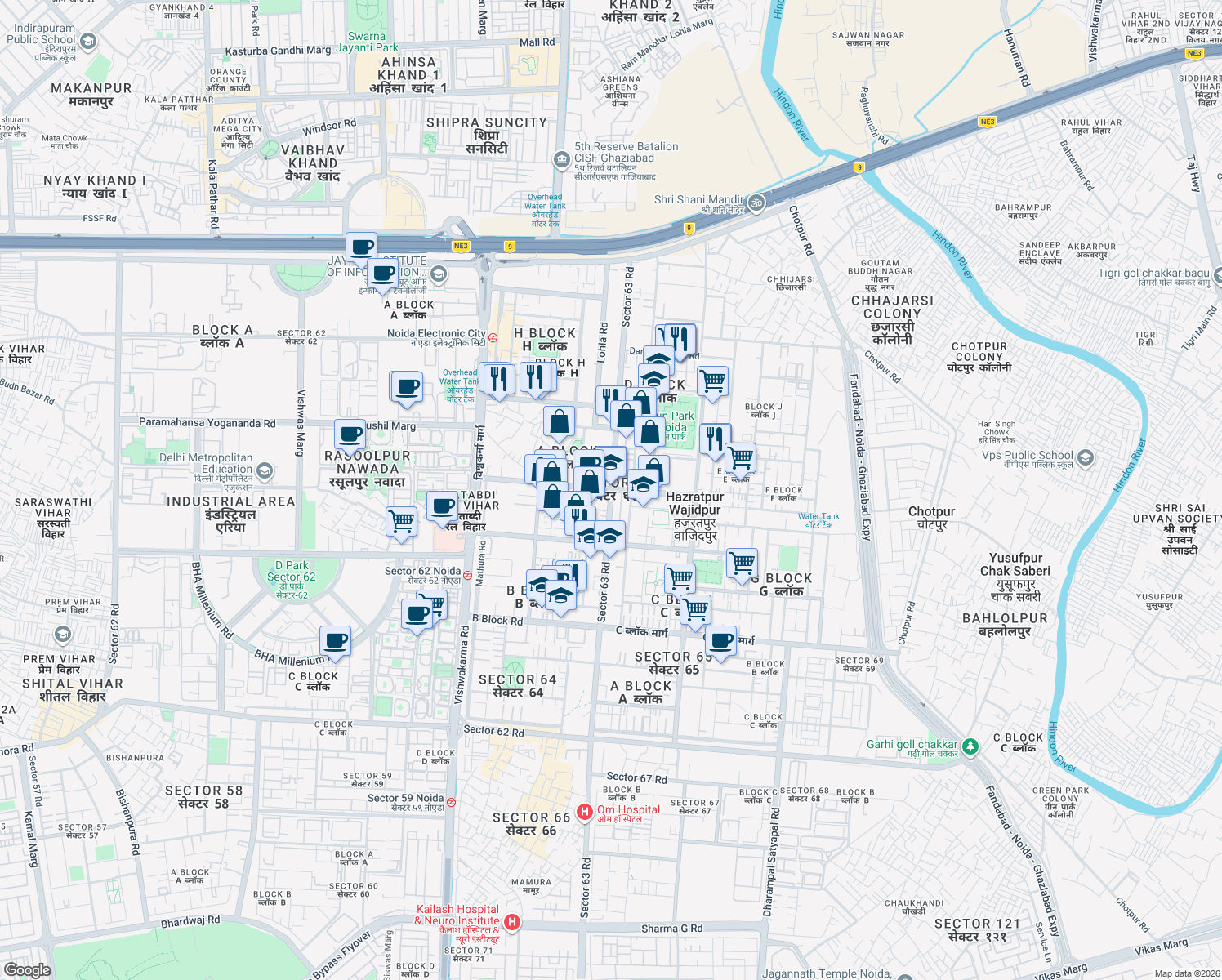 map of restaurants, bars, coffee shops, grocery stores, and more near in Noida