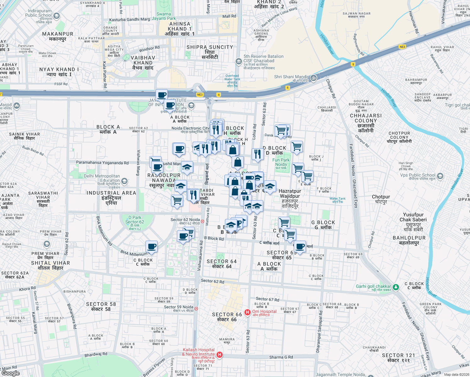 map of restaurants, bars, coffee shops, grocery stores, and more near in Noida