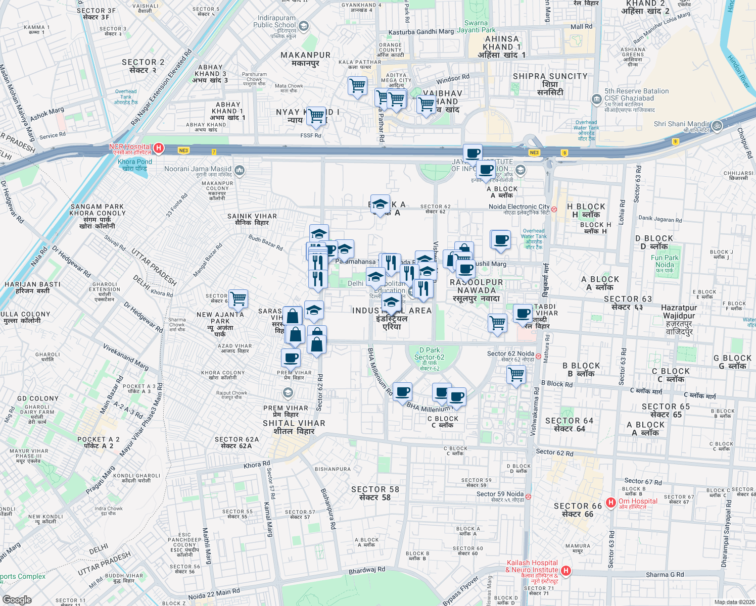 map of restaurants, bars, coffee shops, grocery stores, and more near in Noida