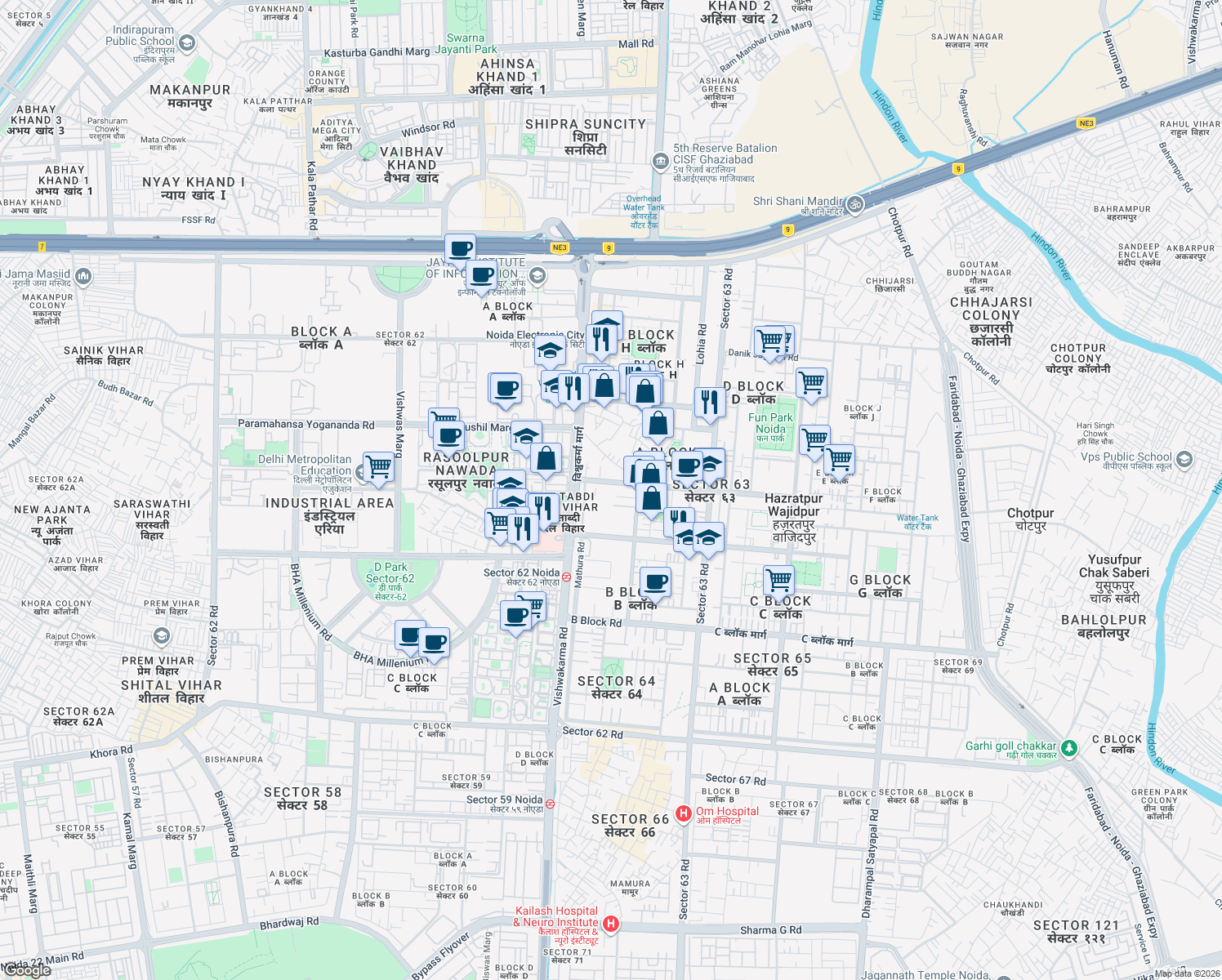 map of restaurants, bars, coffee shops, grocery stores, and more near in Noida