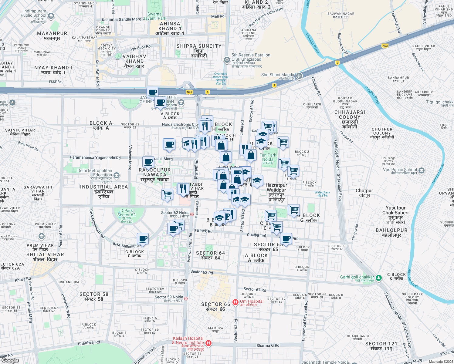 map of restaurants, bars, coffee shops, grocery stores, and more near in Noida