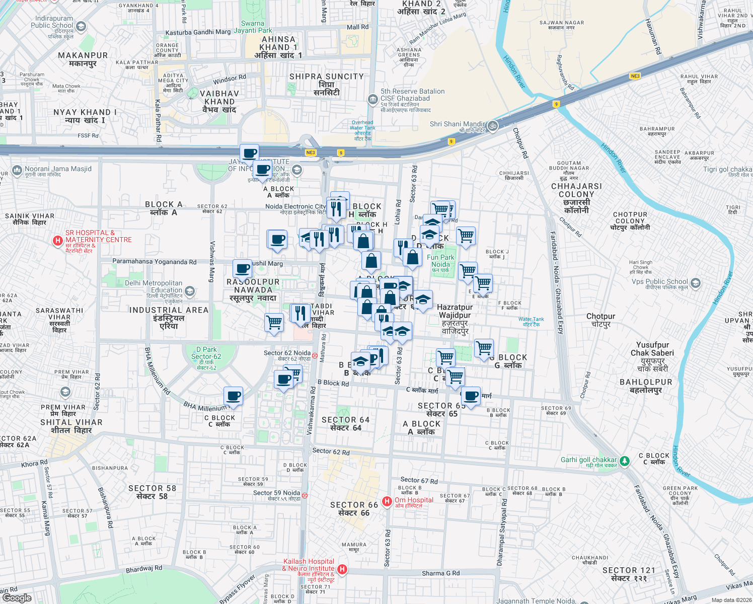 map of restaurants, bars, coffee shops, grocery stores, and more near in Noida