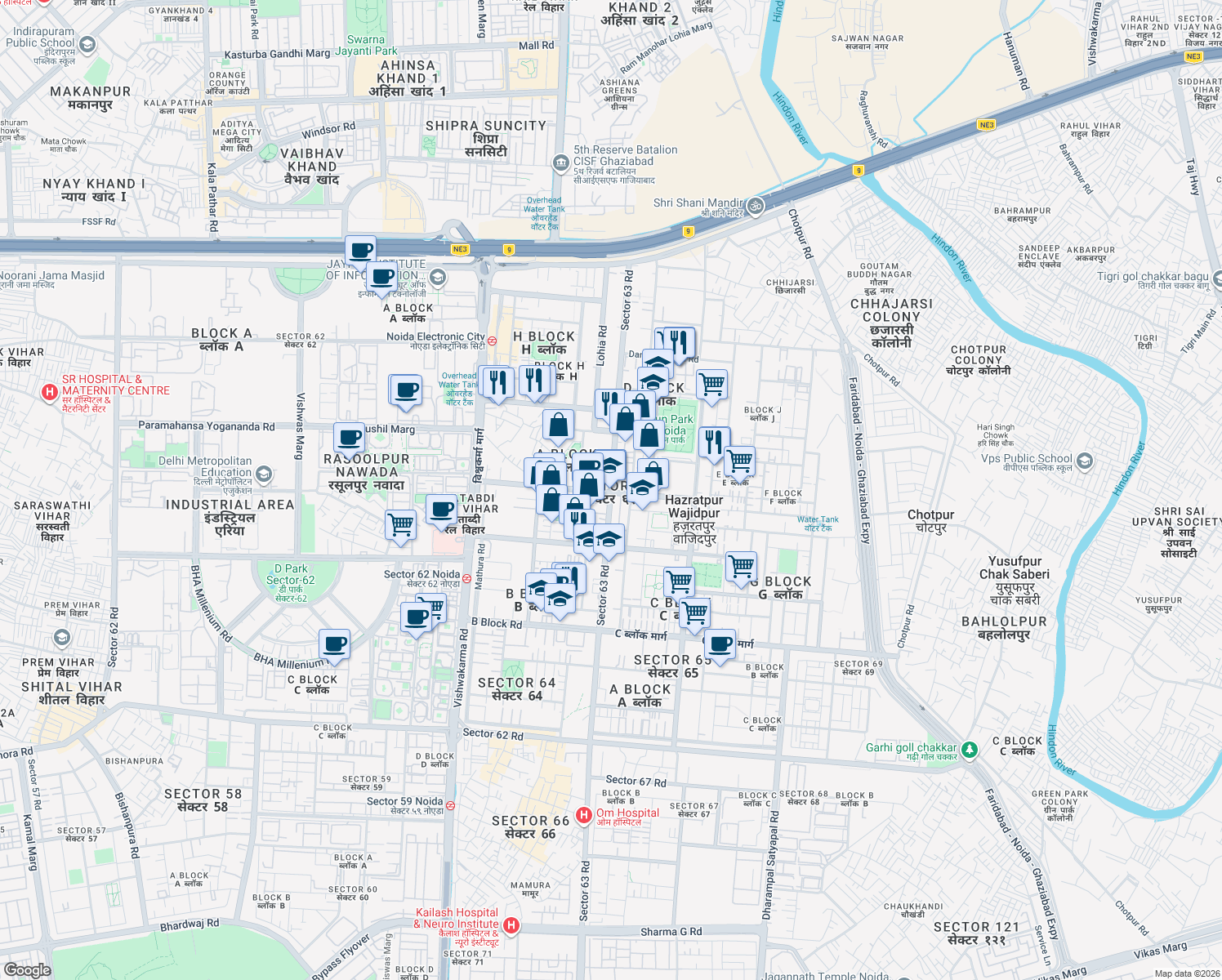 map of restaurants, bars, coffee shops, grocery stores, and more near in Noida