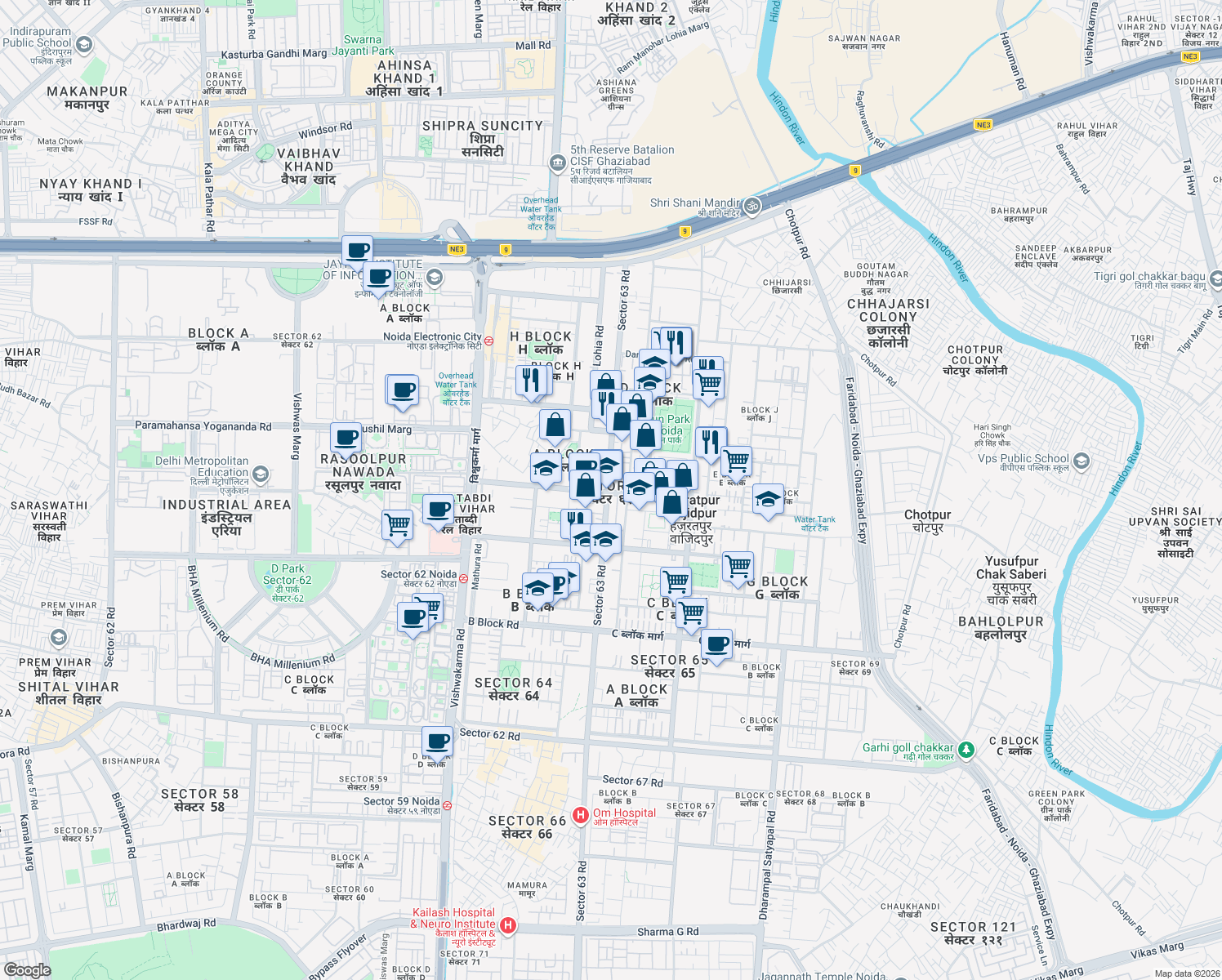 map of restaurants, bars, coffee shops, grocery stores, and more near in Noida