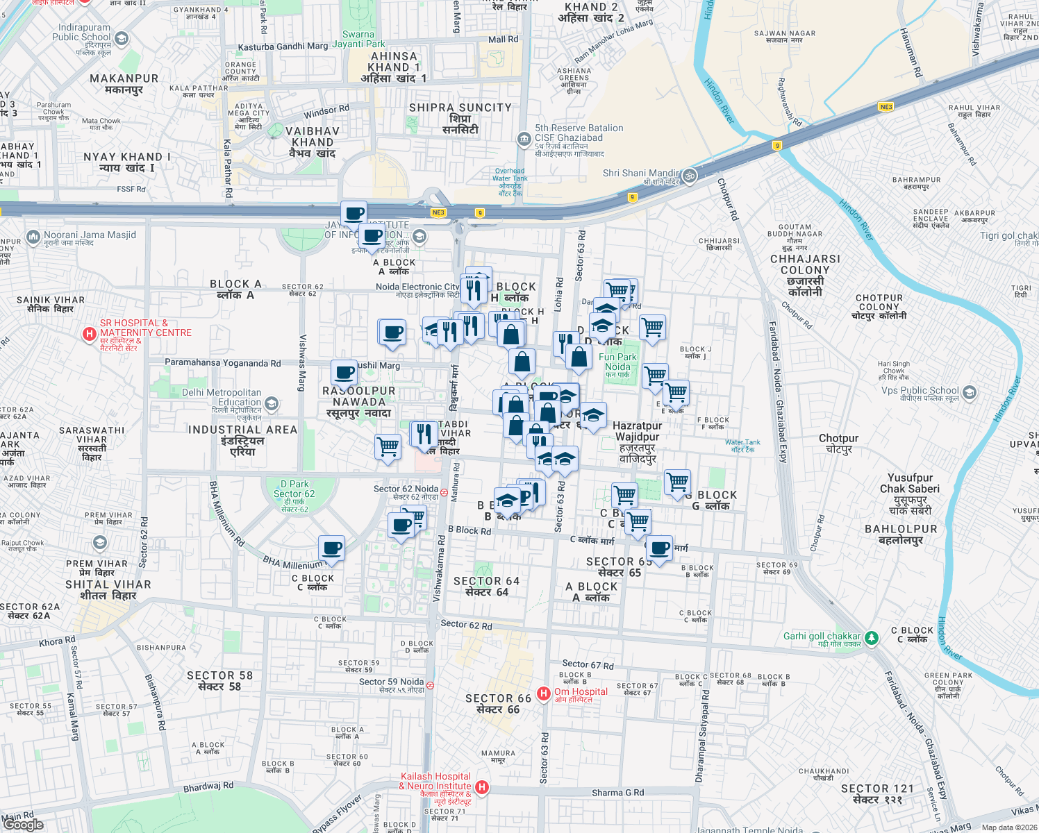 map of restaurants, bars, coffee shops, grocery stores, and more near in Noida