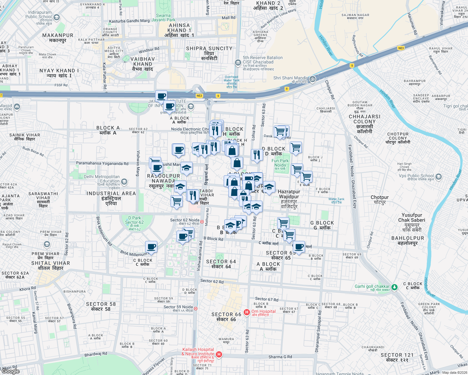 map of restaurants, bars, coffee shops, grocery stores, and more near in Noida