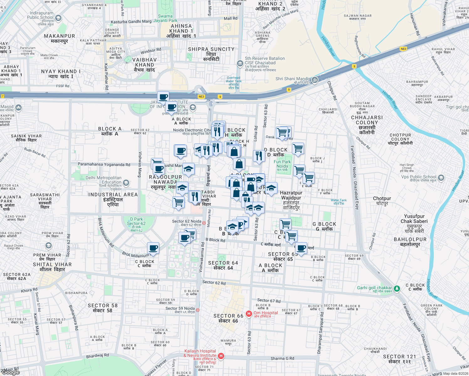 map of restaurants, bars, coffee shops, grocery stores, and more near in Noida