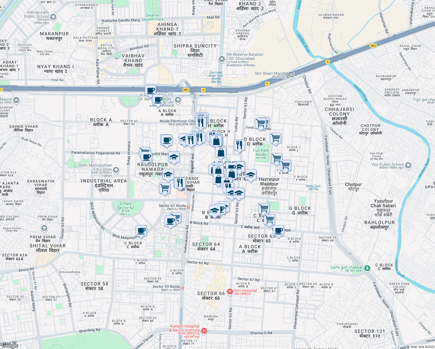 map of restaurants, bars, coffee shops, grocery stores, and more near in Noida