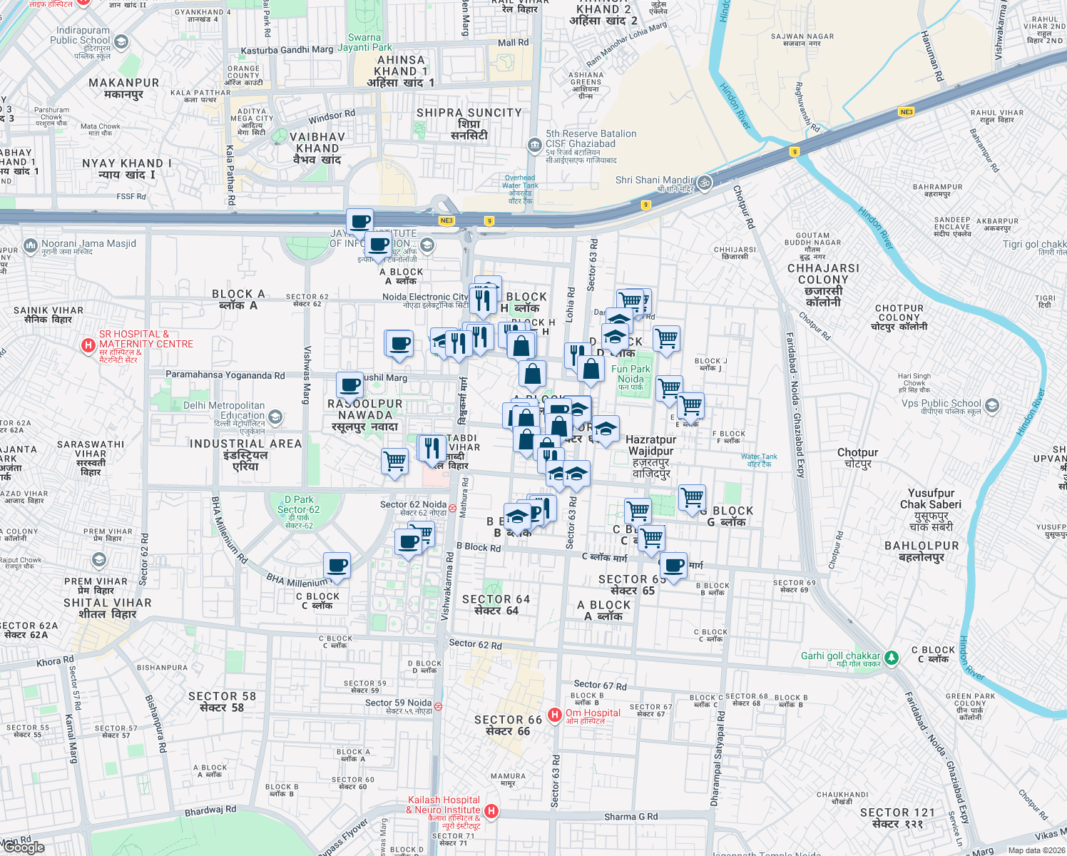 map of restaurants, bars, coffee shops, grocery stores, and more near in Noida
