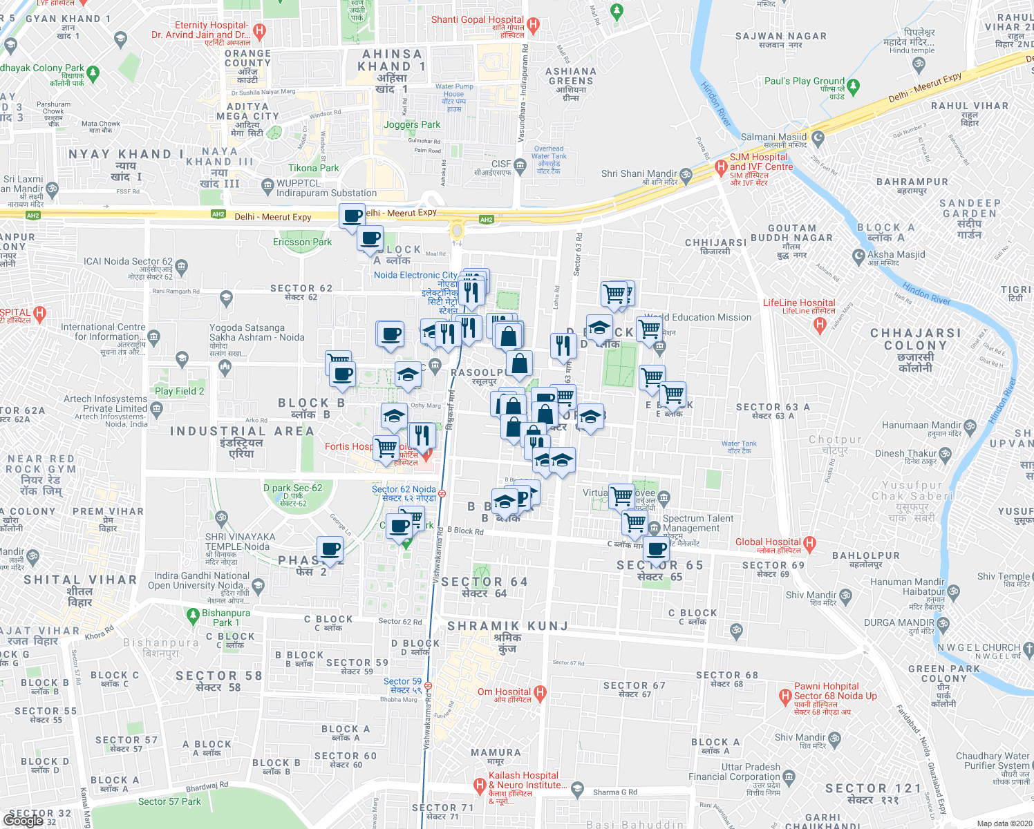 map of restaurants, bars, coffee shops, grocery stores, and more near in Noida