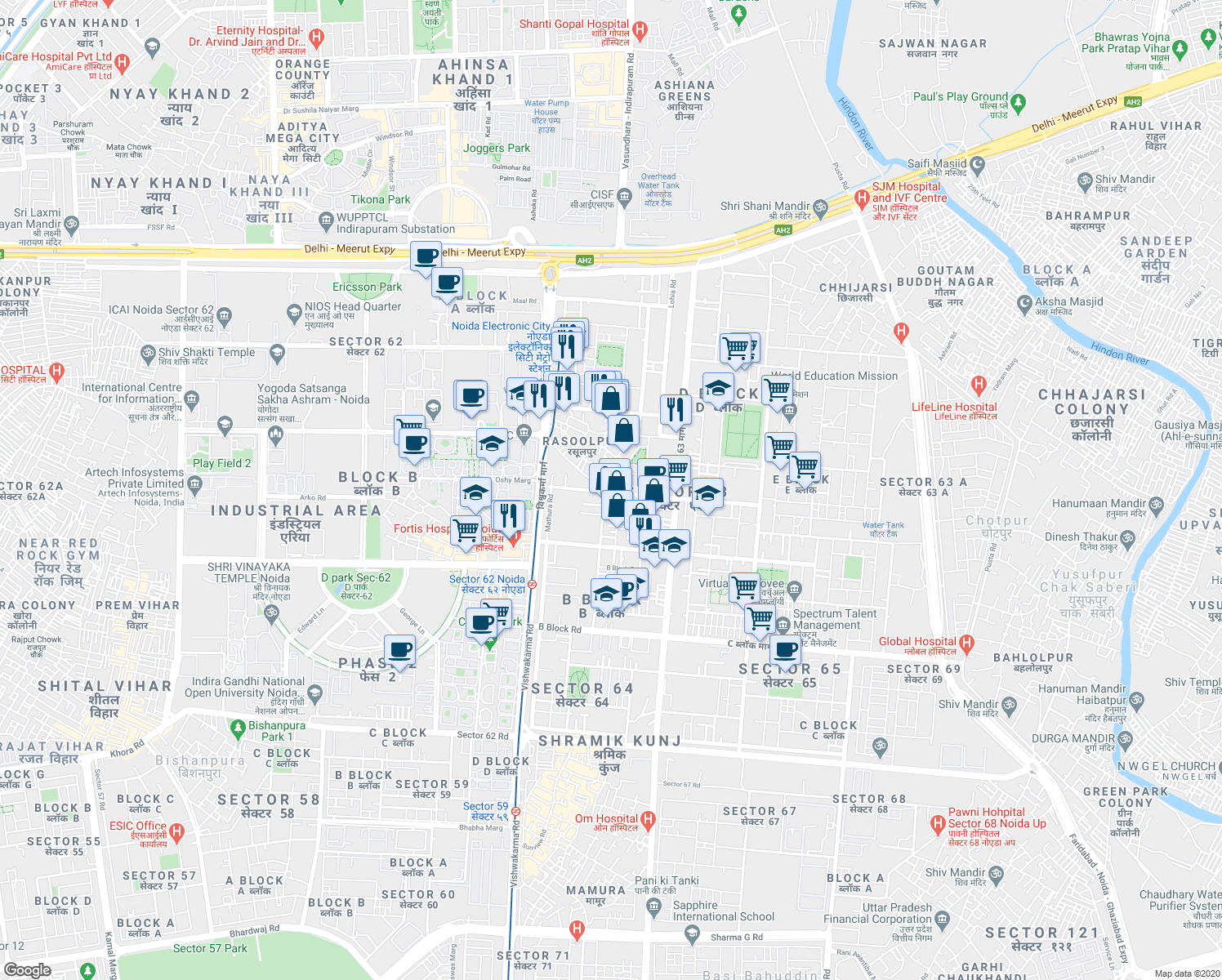 map of restaurants, bars, coffee shops, grocery stores, and more near in Noida