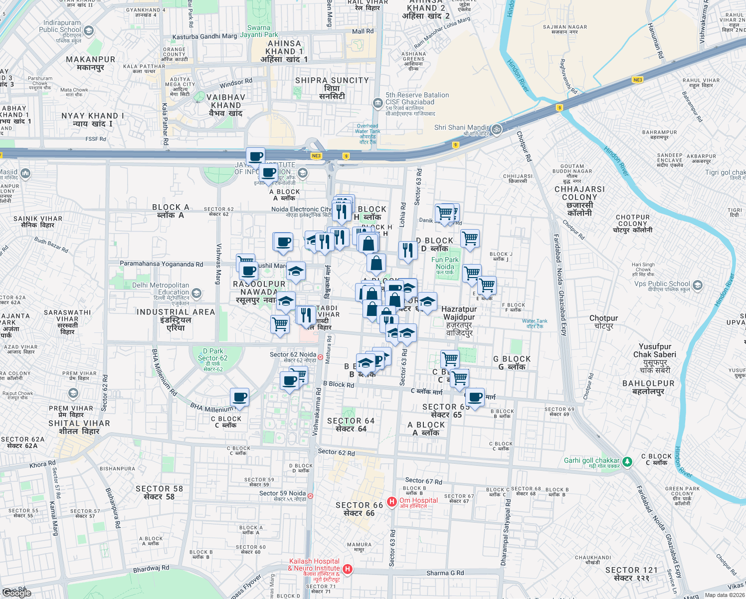 map of restaurants, bars, coffee shops, grocery stores, and more near in Noida