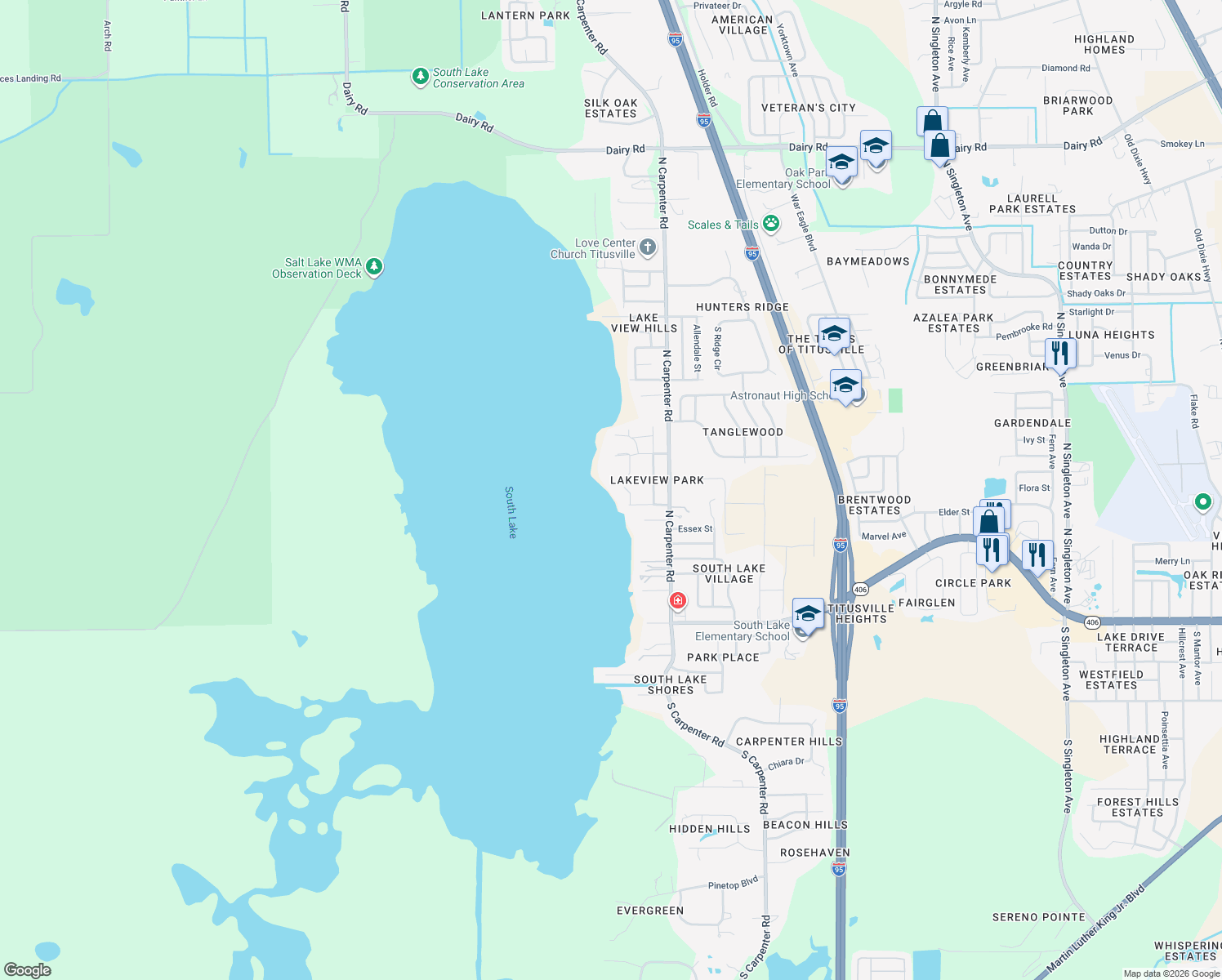 map of restaurants, bars, coffee shops, grocery stores, and more near 4150 Heller Road in Titusville