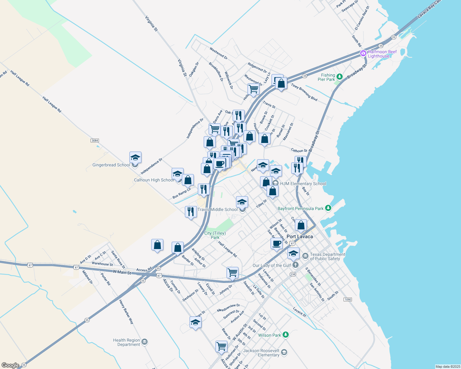 map of restaurants, bars, coffee shops, grocery stores, and more near 1021 North San Antonio Street in Port Lavaca