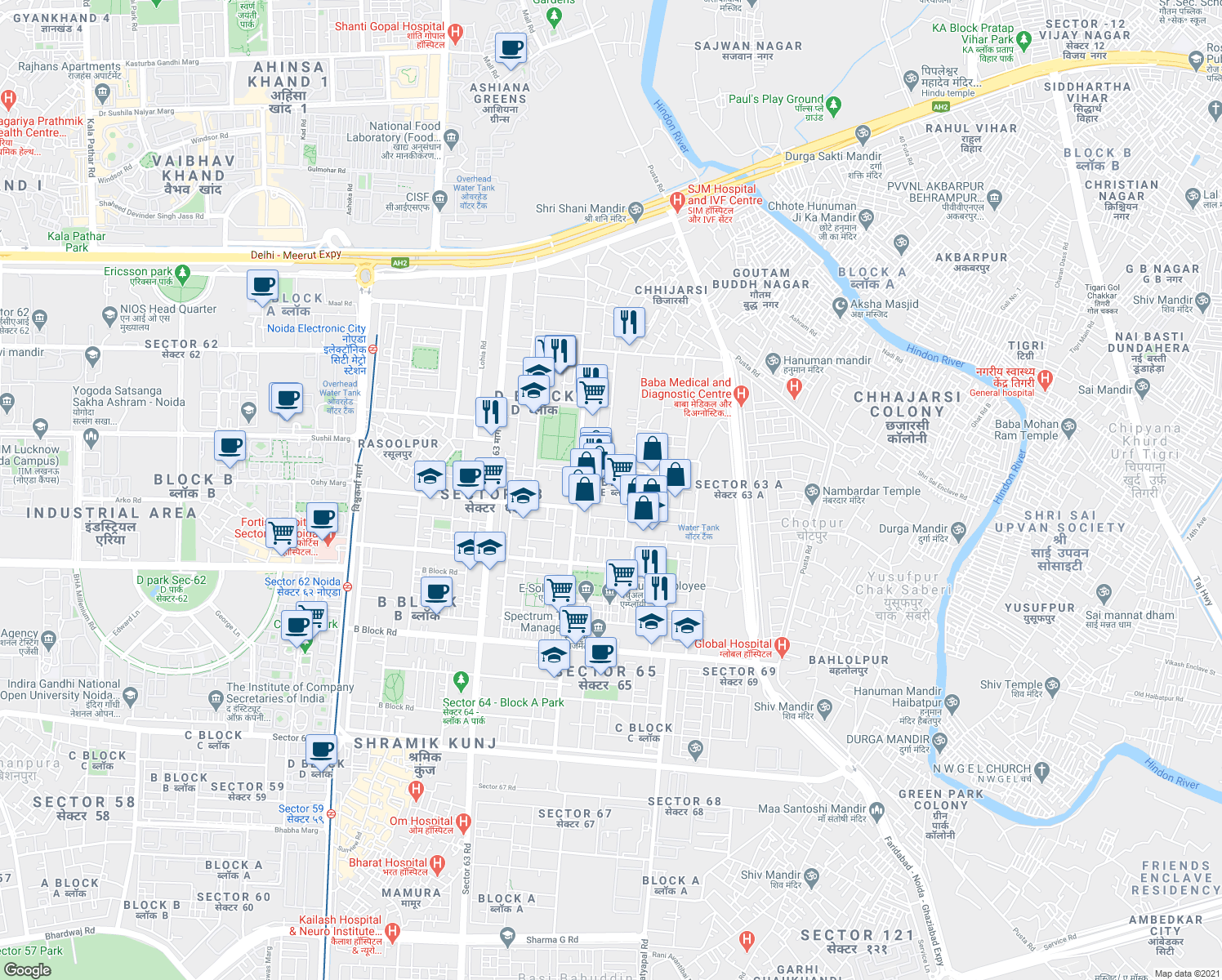 map of restaurants, bars, coffee shops, grocery stores, and more near in Noida