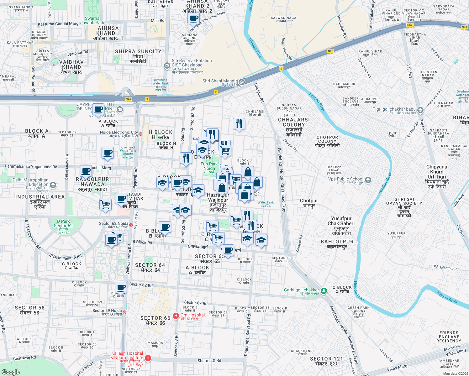 map of restaurants, bars, coffee shops, grocery stores, and more near in Noida