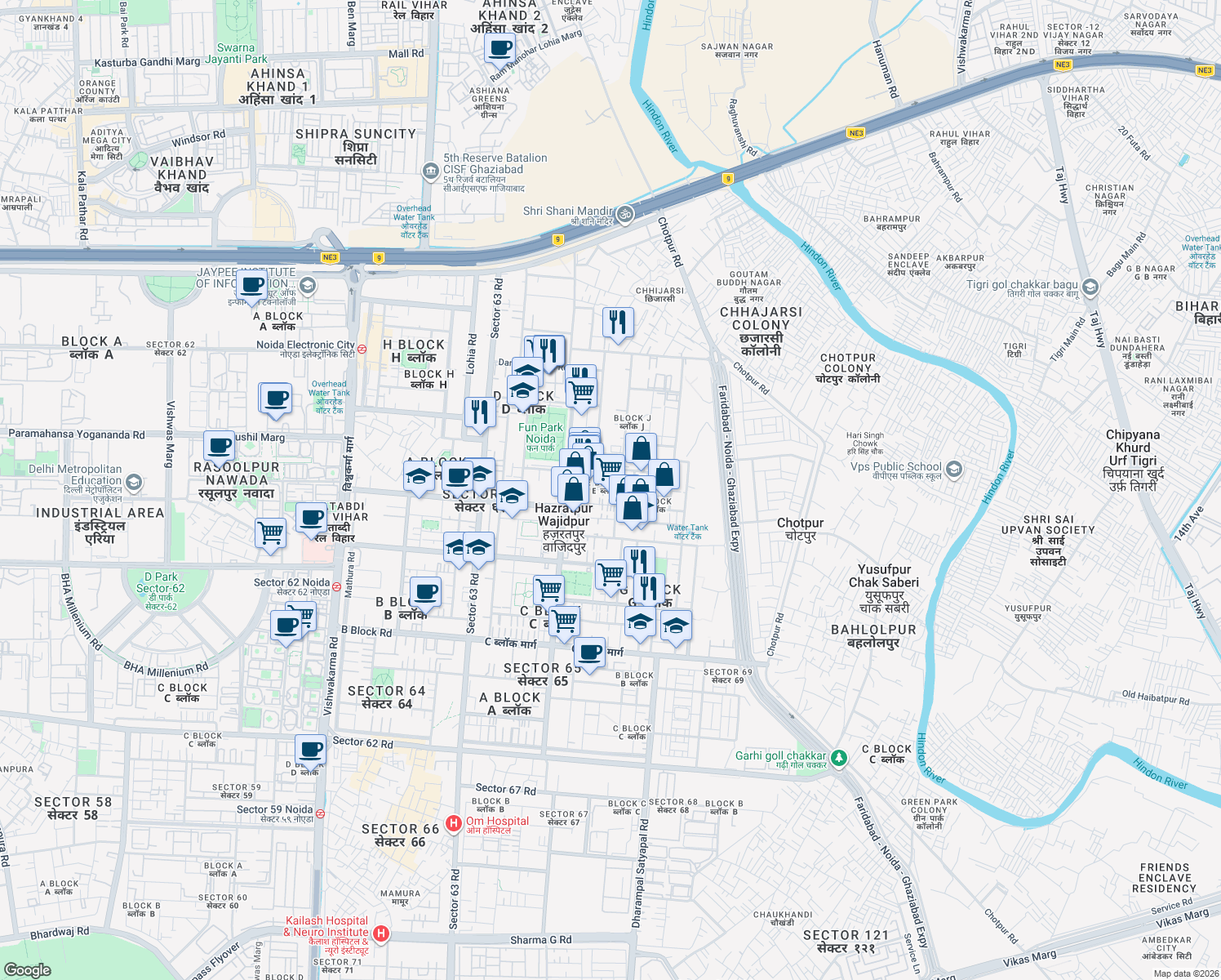 map of restaurants, bars, coffee shops, grocery stores, and more near in Noida