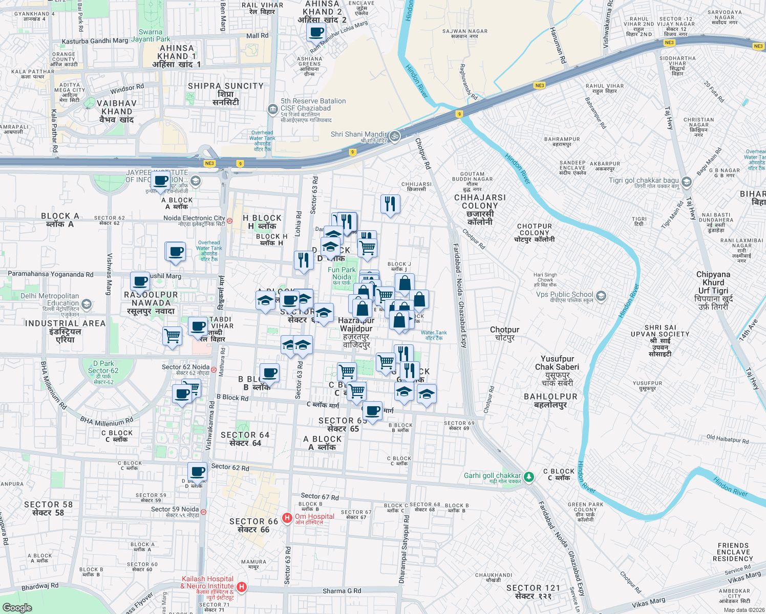 map of restaurants, bars, coffee shops, grocery stores, and more near in Noida