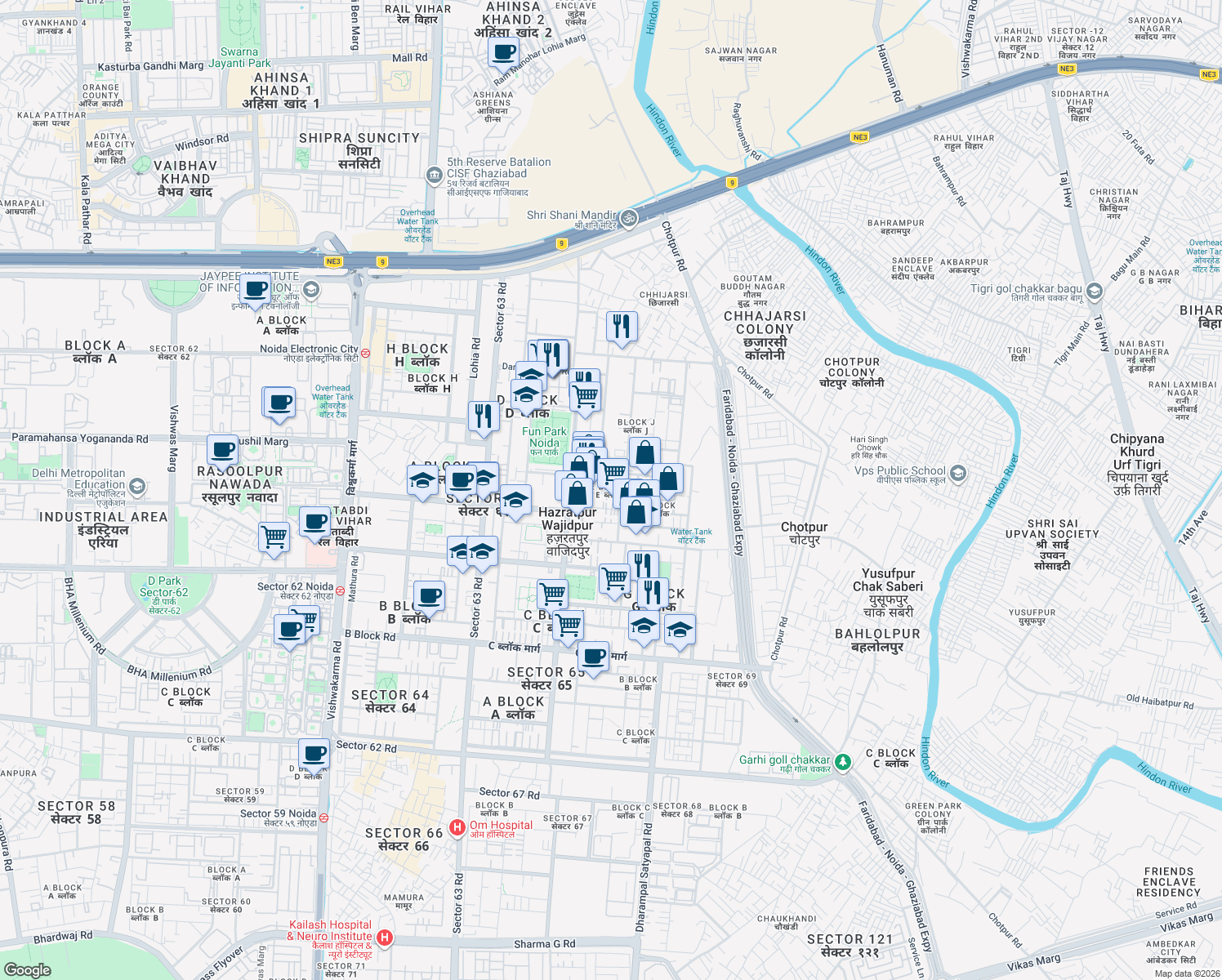 map of restaurants, bars, coffee shops, grocery stores, and more near in Noida