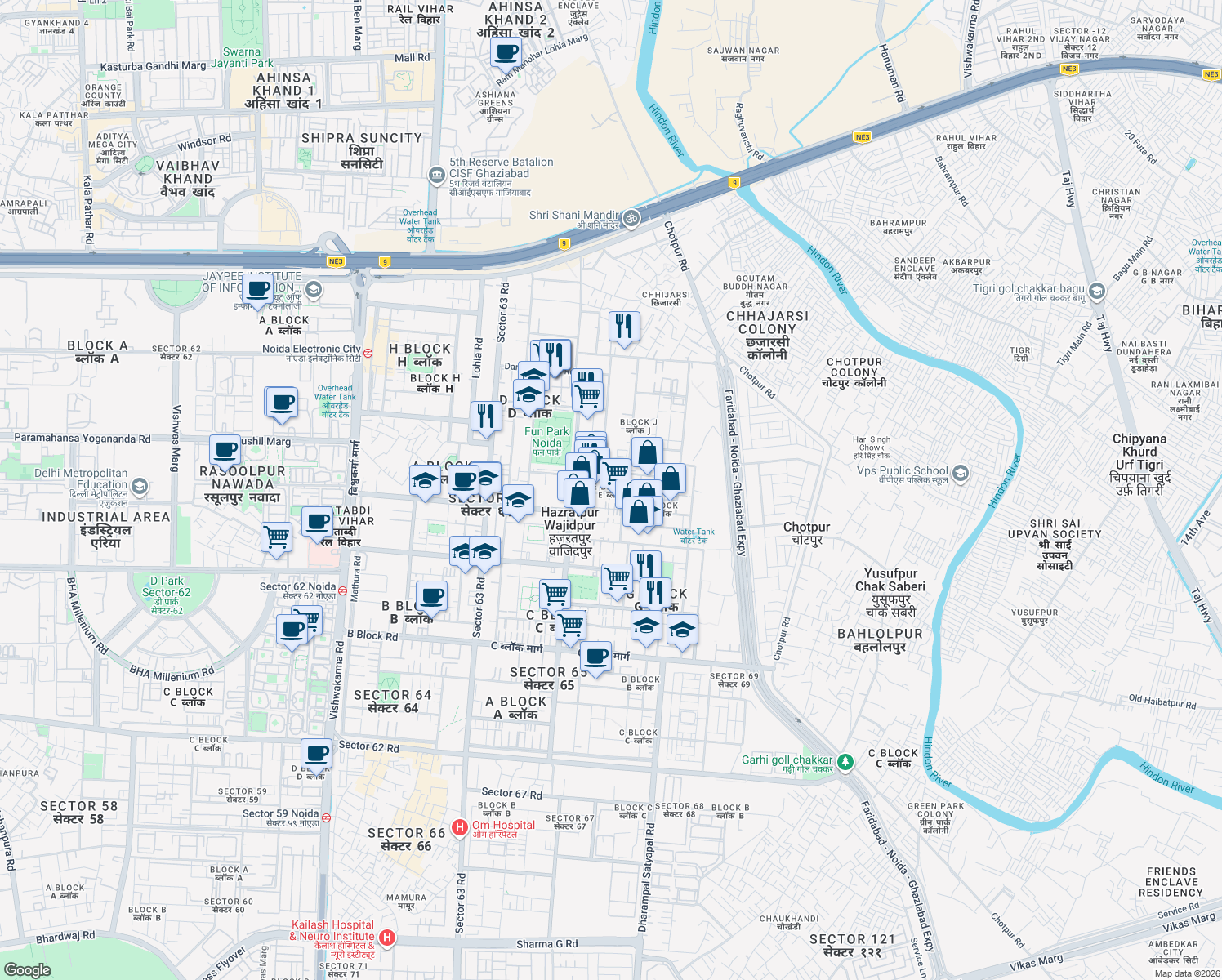 map of restaurants, bars, coffee shops, grocery stores, and more near in Noida